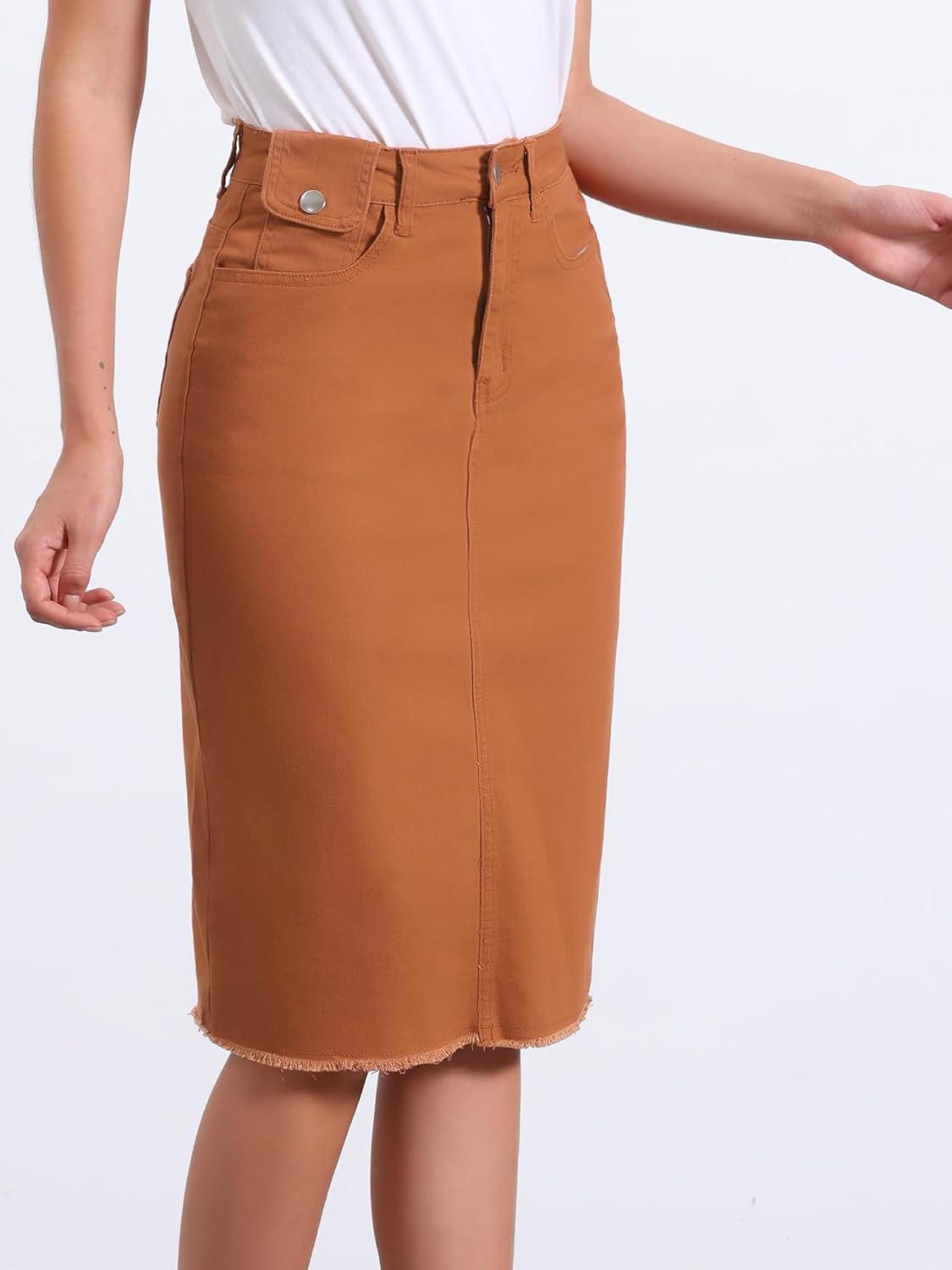 imageAllegra K Womens Casual Jean Skirt High Waist Back Slit Stretch Denim SkirtsRust Brown