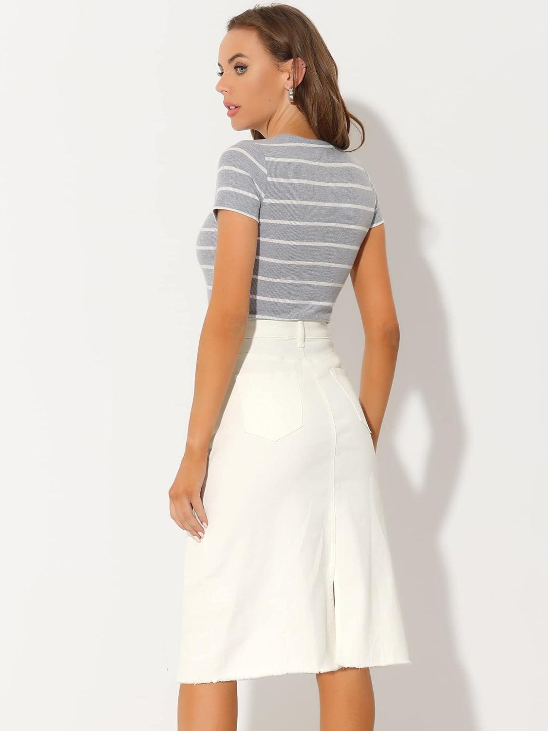 imageAllegra K Womens Casual Jean Skirt High Waist Back Slit Stretch Denim SkirtsWhite
