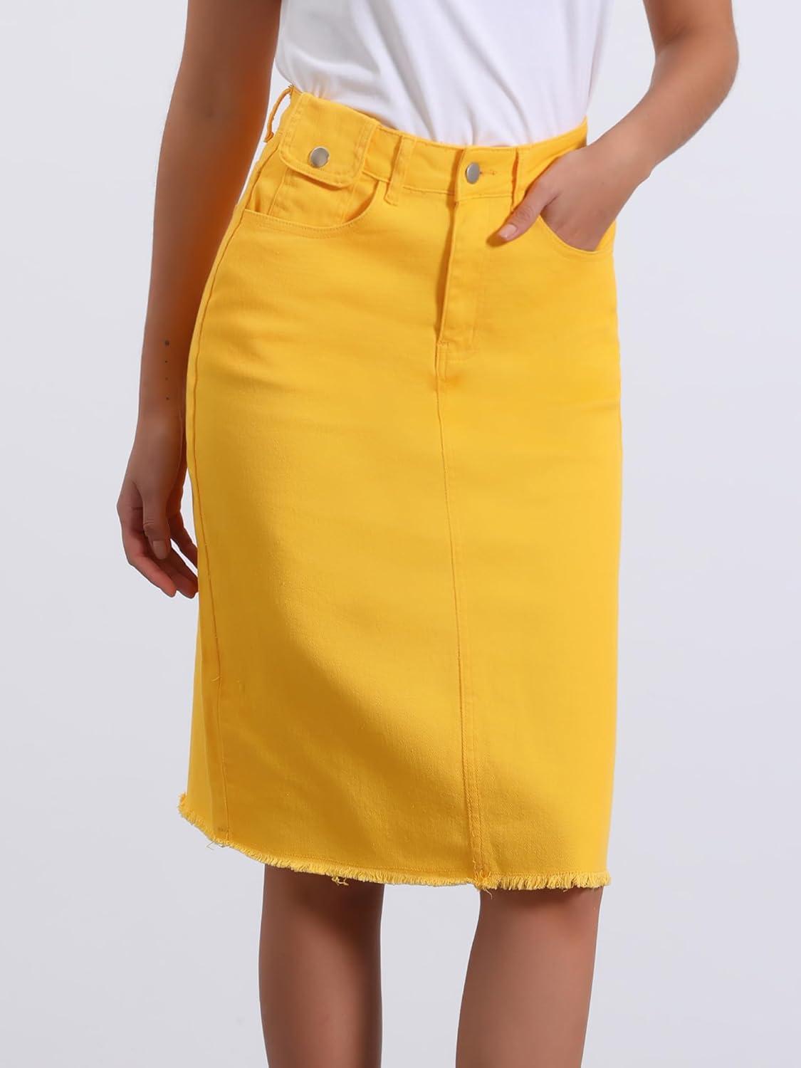 imageAllegra K Womens Casual Jean Skirt High Waist Back Slit Stretch Denim SkirtsYellow