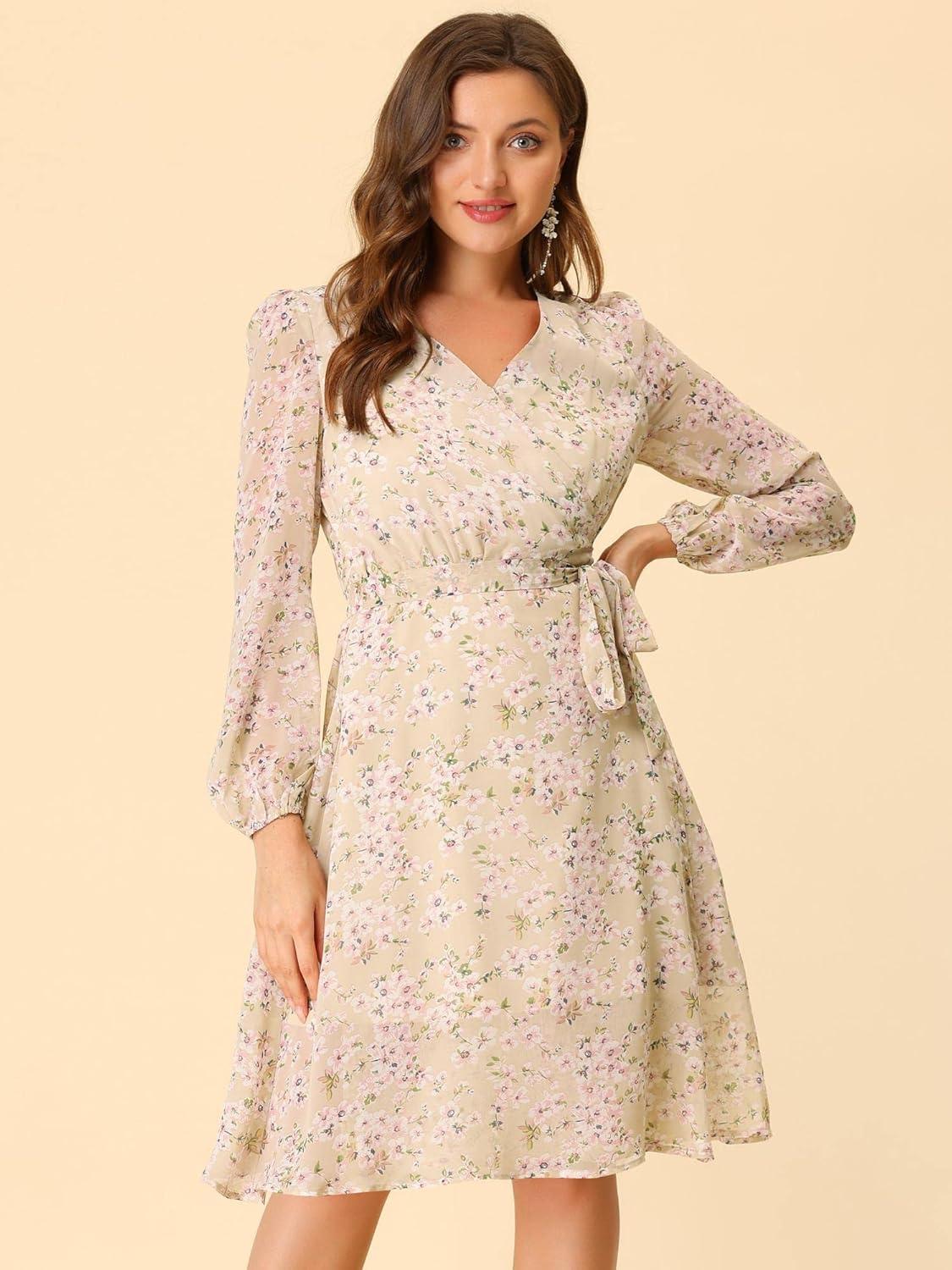 imageAllegra K Womens Chiffon Floral Sexy Deep V Neck Tie Waist Bishop Sleeve Casual Wrap Midi DressApricot