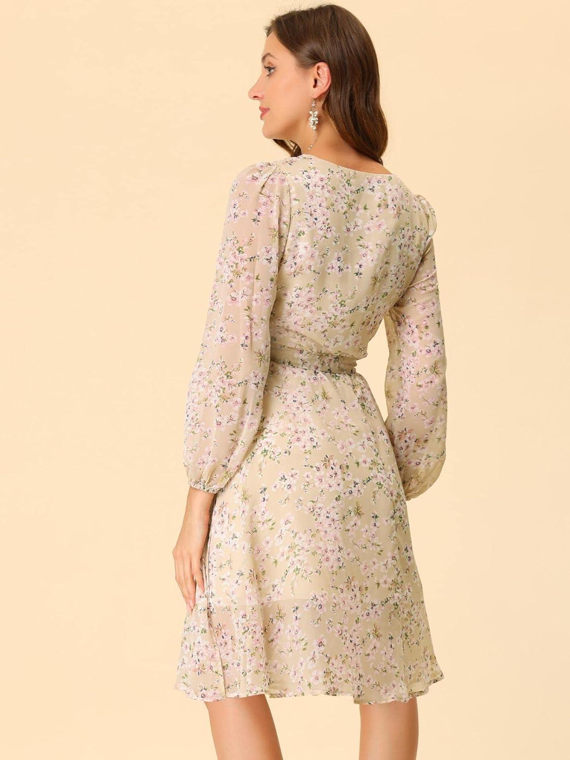 imageAllegra K Womens Chiffon Floral Sexy Deep V Neck Tie Waist Bishop Sleeve Casual Wrap Midi DressApricot