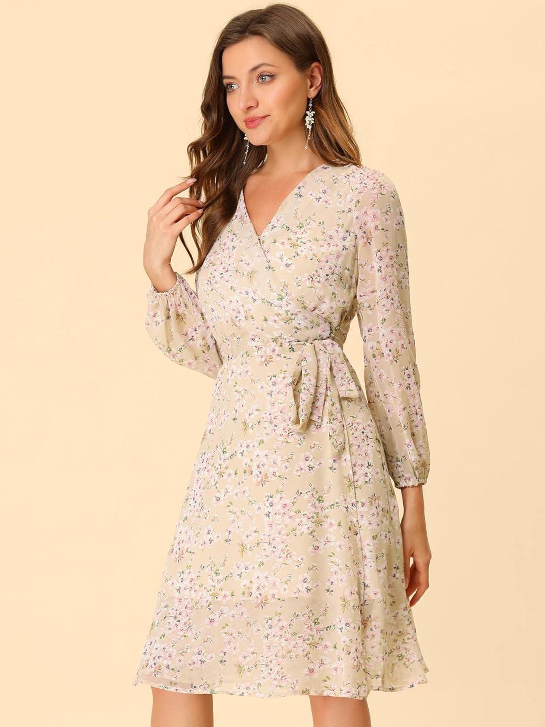 imageAllegra K Womens Chiffon Floral Sexy Deep V Neck Tie Waist Bishop Sleeve Casual Wrap Midi DressApricot