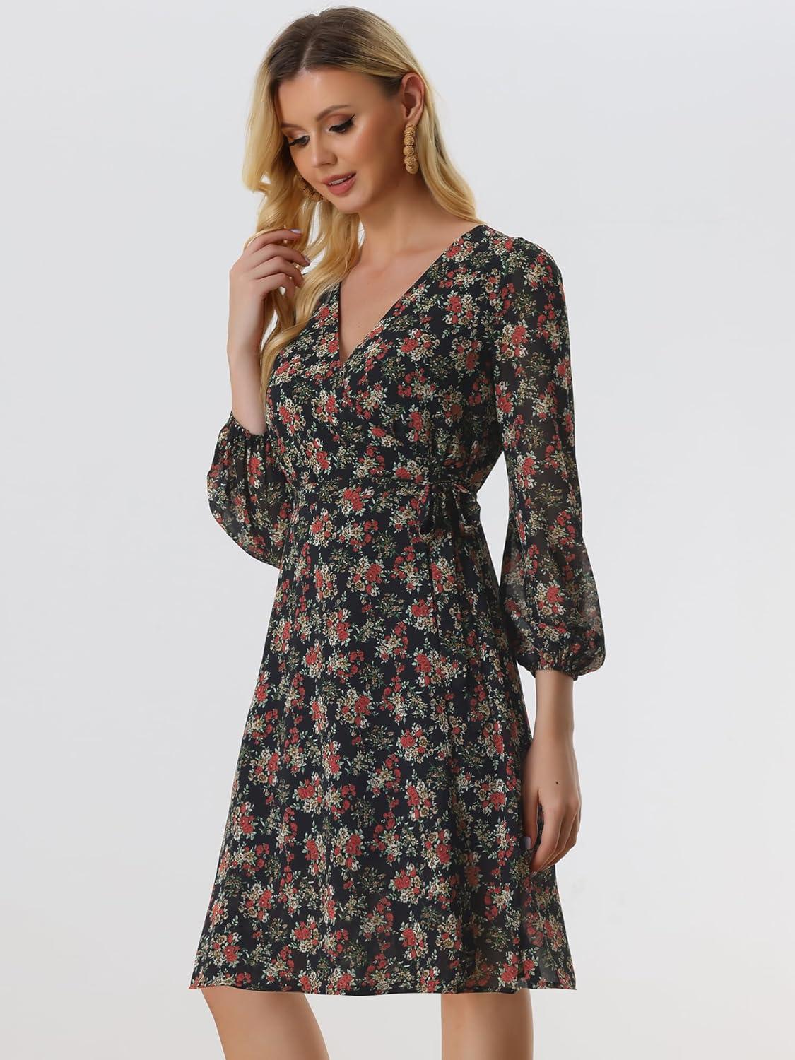 imageAllegra K Womens Chiffon Floral Sexy Deep V Neck Tie Waist Bishop Sleeve Casual Wrap Midi DressBlack