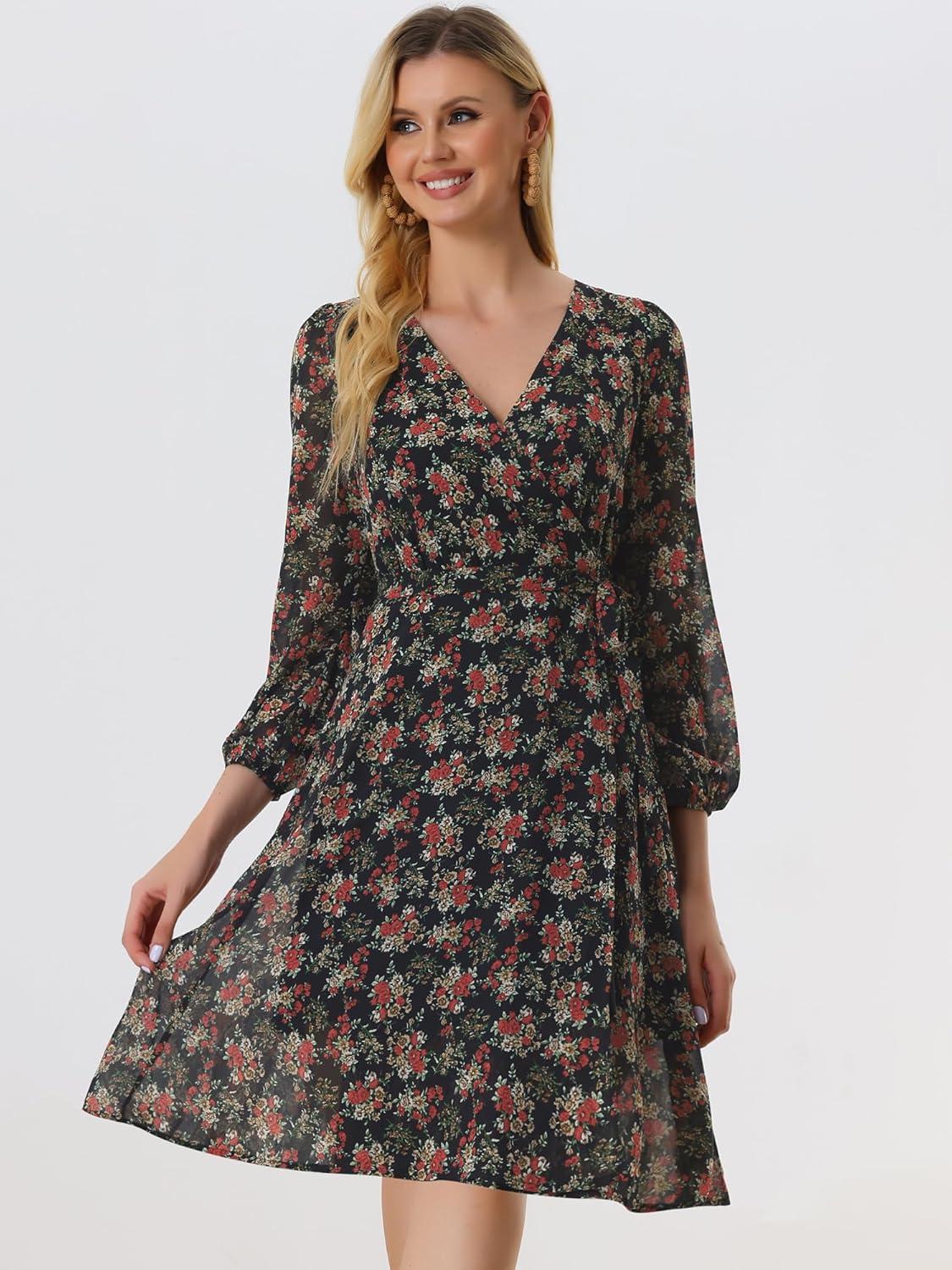 imageAllegra K Womens Chiffon Floral Sexy Deep V Neck Tie Waist Bishop Sleeve Casual Wrap Midi DressBlack