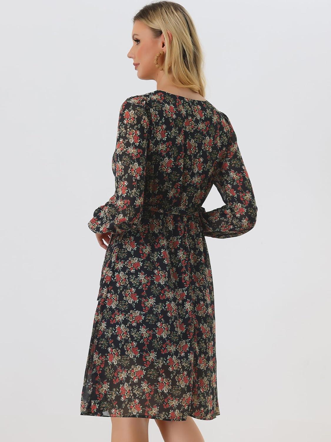 imageAllegra K Womens Chiffon Floral Sexy Deep V Neck Tie Waist Bishop Sleeve Casual Wrap Midi DressBlack