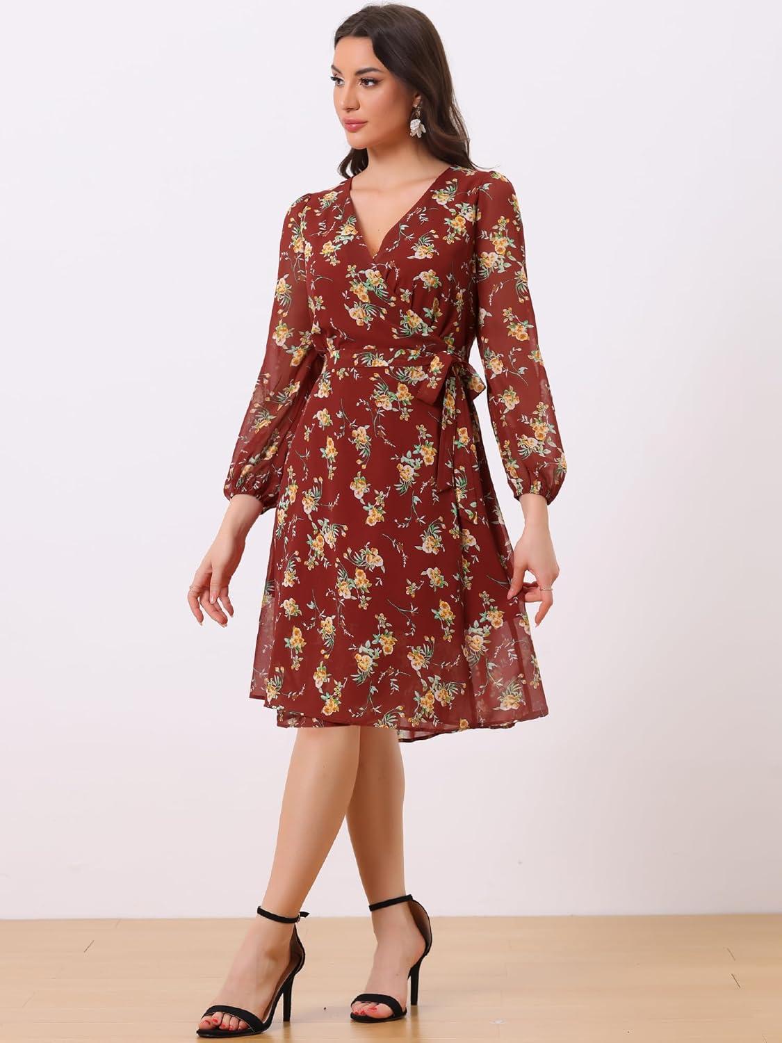 imageAllegra K Womens Chiffon Floral Sexy Deep V Neck Tie Waist Bishop Sleeve Casual Wrap Midi DressBurgundy