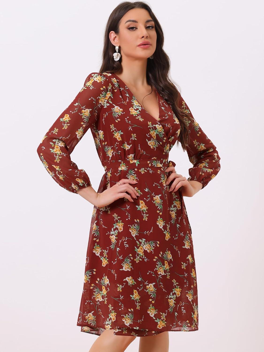 imageAllegra K Womens Chiffon Floral Sexy Deep V Neck Tie Waist Bishop Sleeve Casual Wrap Midi DressBurgundy