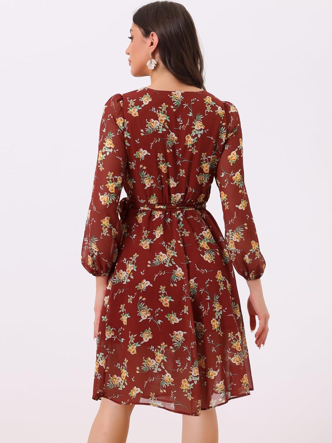 imageAllegra K Womens Chiffon Floral Sexy Deep V Neck Tie Waist Bishop Sleeve Casual Wrap Midi DressBurgundy