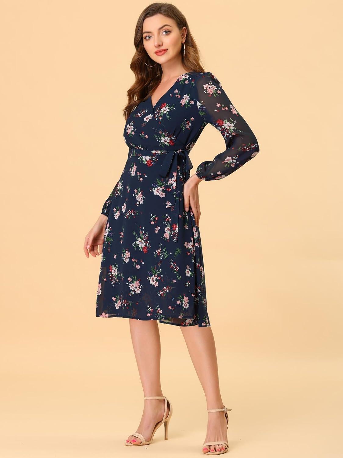 imageAllegra K Womens Chiffon Floral Sexy Deep V Neck Tie Waist Bishop Sleeve Casual Wrap Midi DressDark Blue