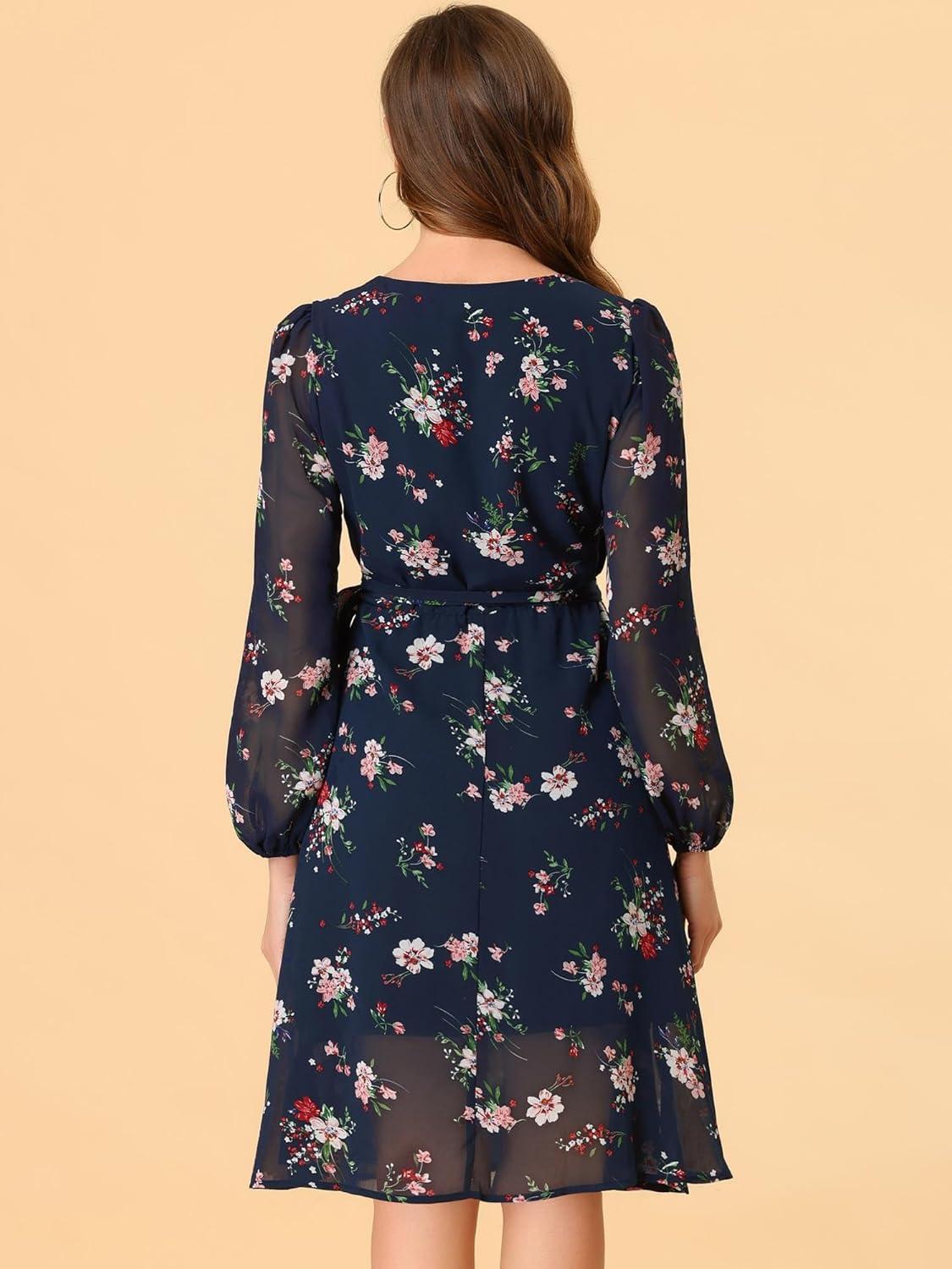 imageAllegra K Womens Chiffon Floral Sexy Deep V Neck Tie Waist Bishop Sleeve Casual Wrap Midi DressDark Blue