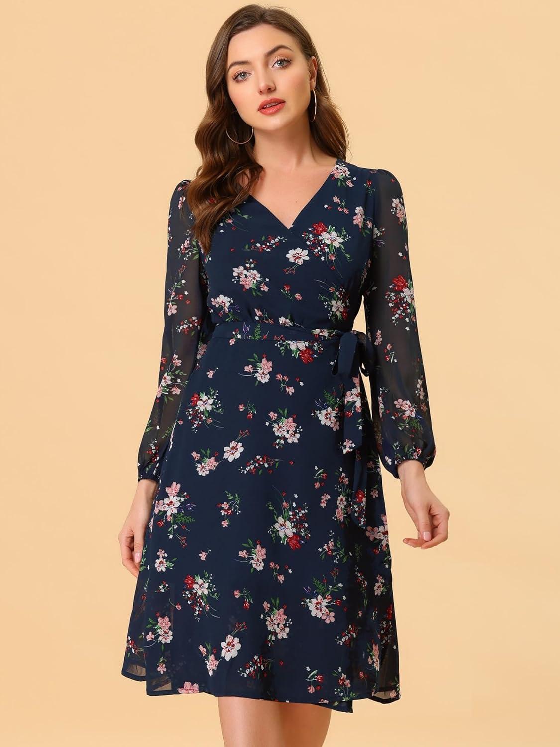 imageAllegra K Womens Chiffon Floral Sexy Deep V Neck Tie Waist Bishop Sleeve Casual Wrap Midi DressDark Blue