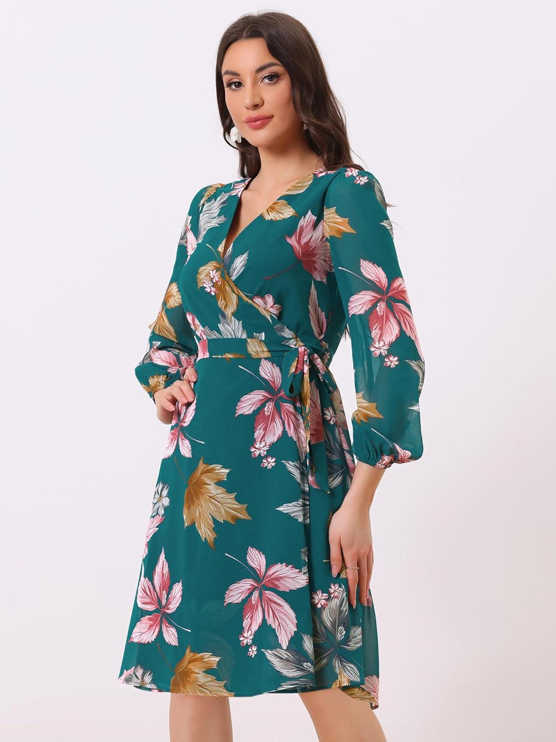imageAllegra K Womens Chiffon Floral Sexy Deep V Neck Tie Waist Bishop Sleeve Casual Wrap Midi DressDark Green