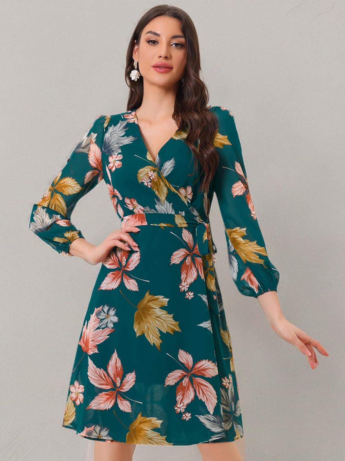 imageAllegra K Womens Chiffon Floral Sexy Deep V Neck Tie Waist Bishop Sleeve Casual Wrap Midi DressDark Green