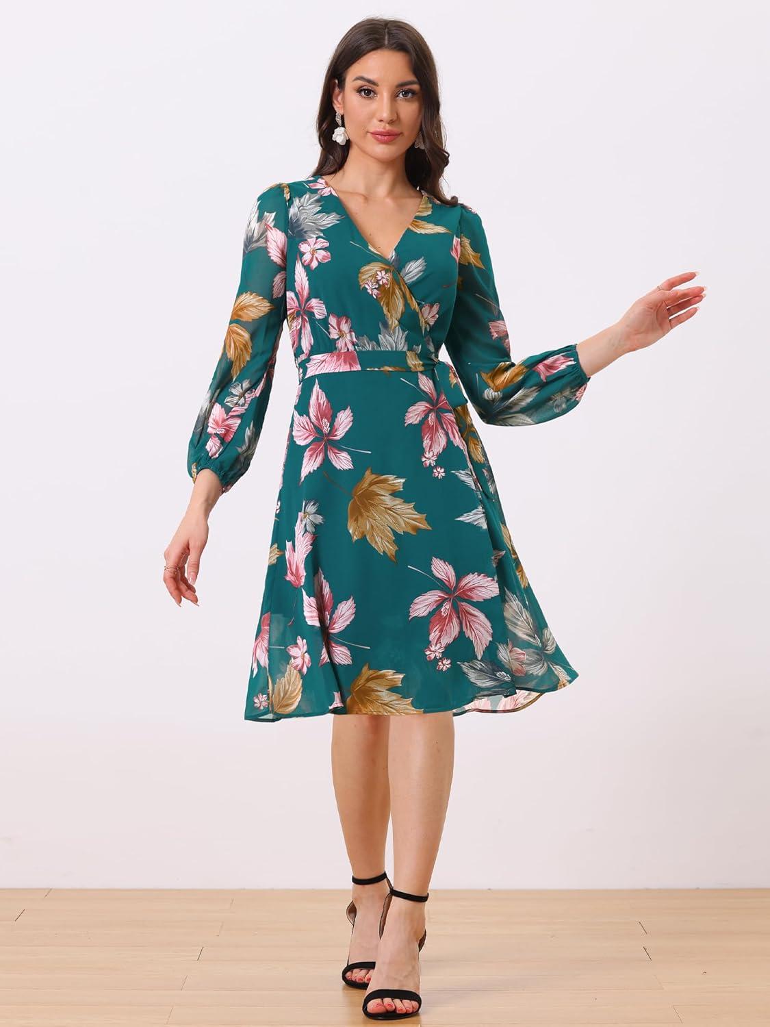 imageAllegra K Womens Chiffon Floral Sexy Deep V Neck Tie Waist Bishop Sleeve Casual Wrap Midi DressDark Green