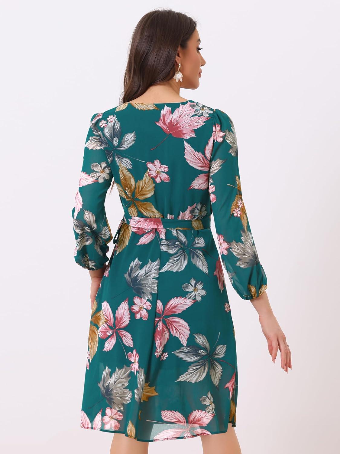 imageAllegra K Womens Chiffon Floral Sexy Deep V Neck Tie Waist Bishop Sleeve Casual Wrap Midi DressDark Green