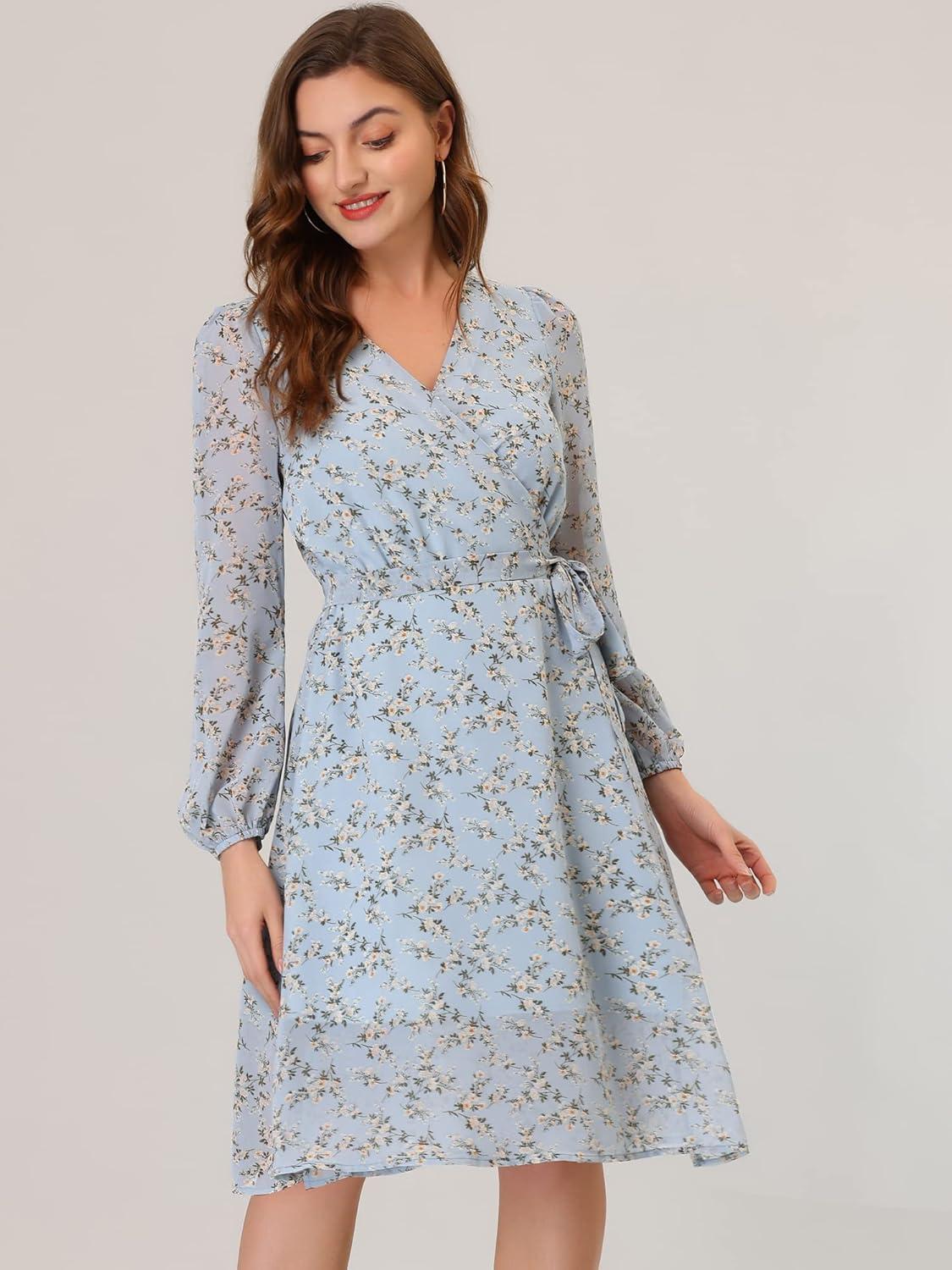 imageAllegra K Womens Chiffon Floral Sexy Deep V Neck Tie Waist Bishop Sleeve Casual Wrap Midi DressLight Blue