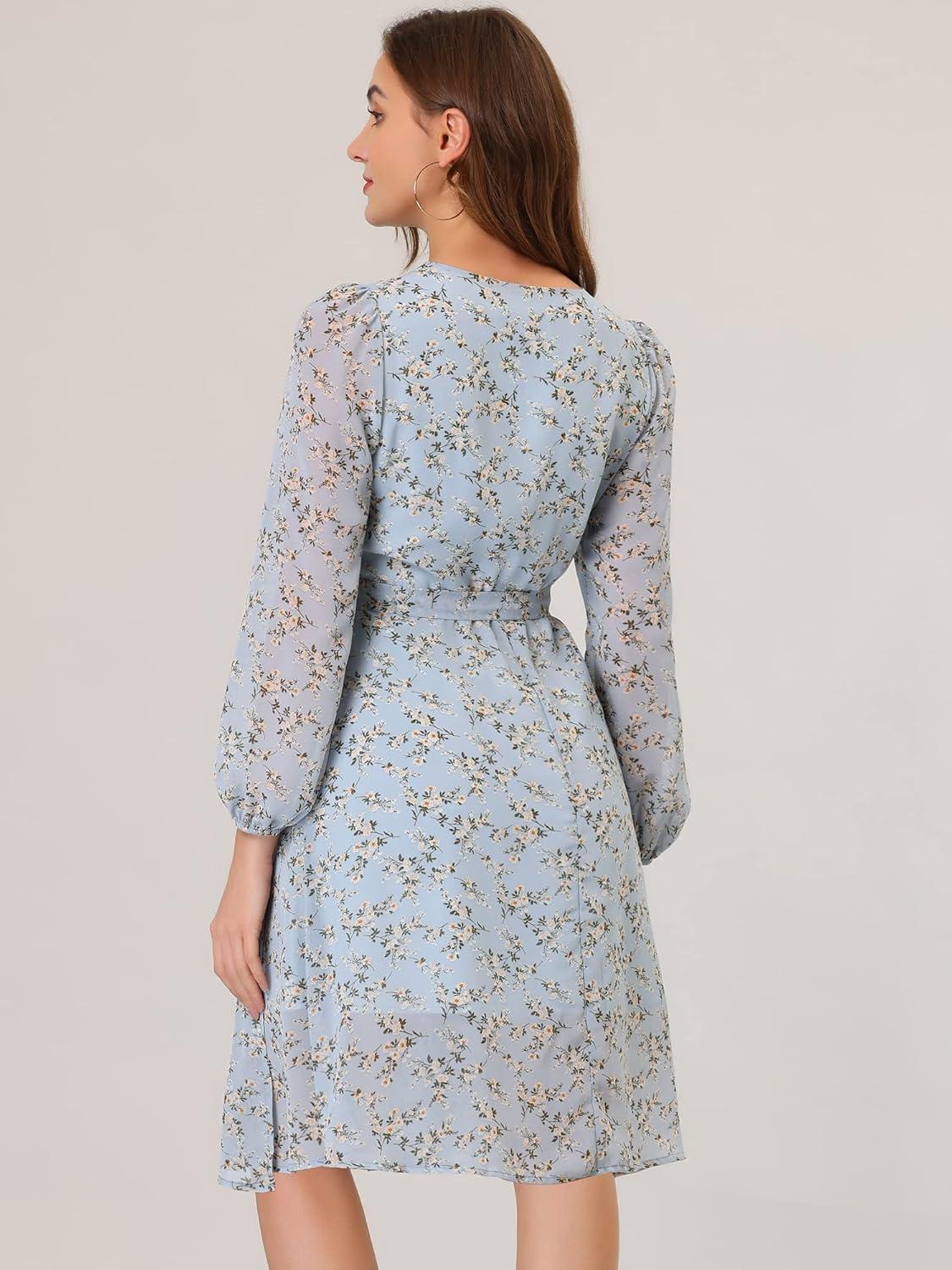 imageAllegra K Womens Chiffon Floral Sexy Deep V Neck Tie Waist Bishop Sleeve Casual Wrap Midi DressLight Blue