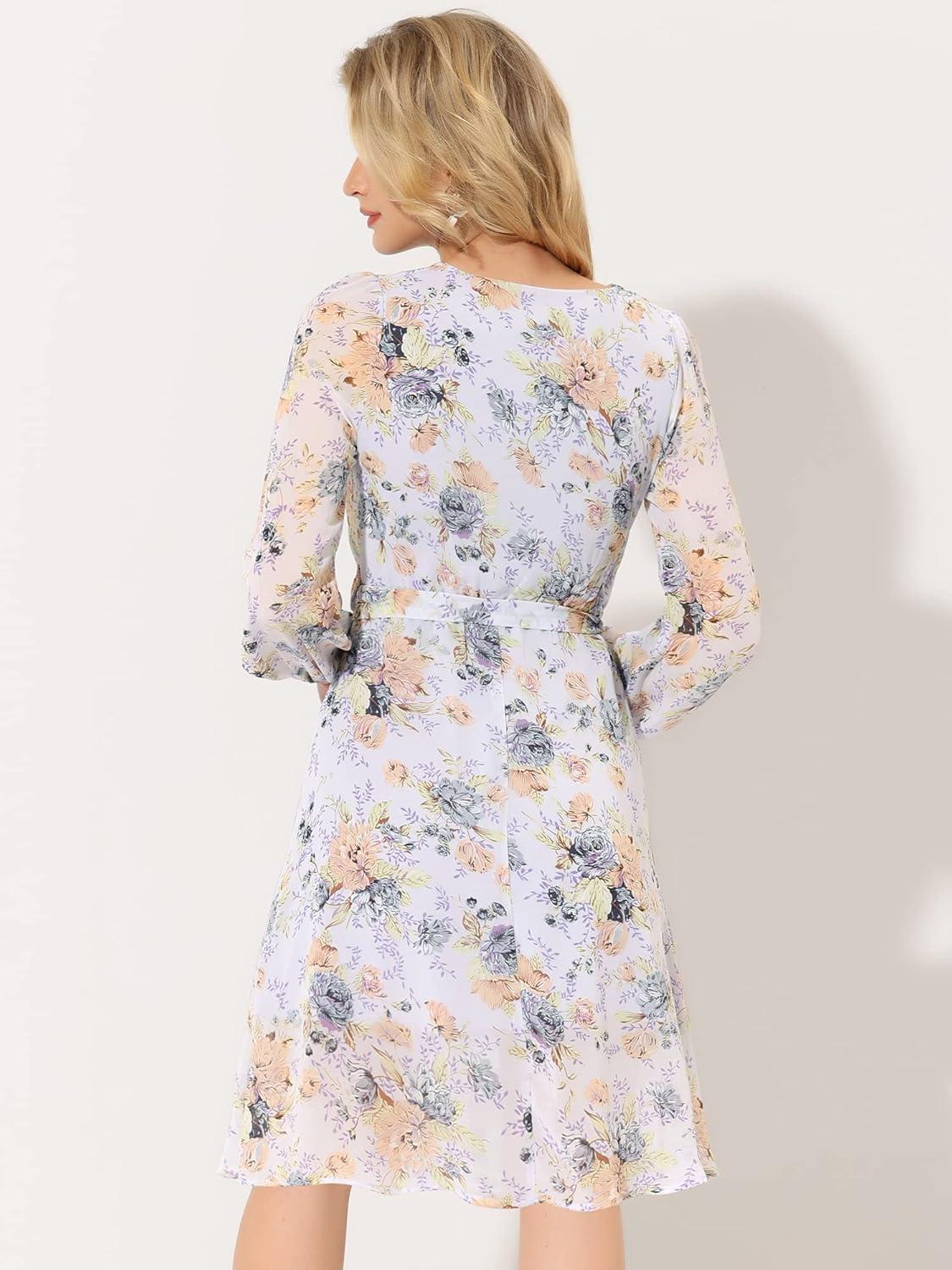 imageAllegra K Womens Chiffon Floral Sexy Deep V Neck Tie Waist Bishop Sleeve Casual Wrap Midi DressLight Purple