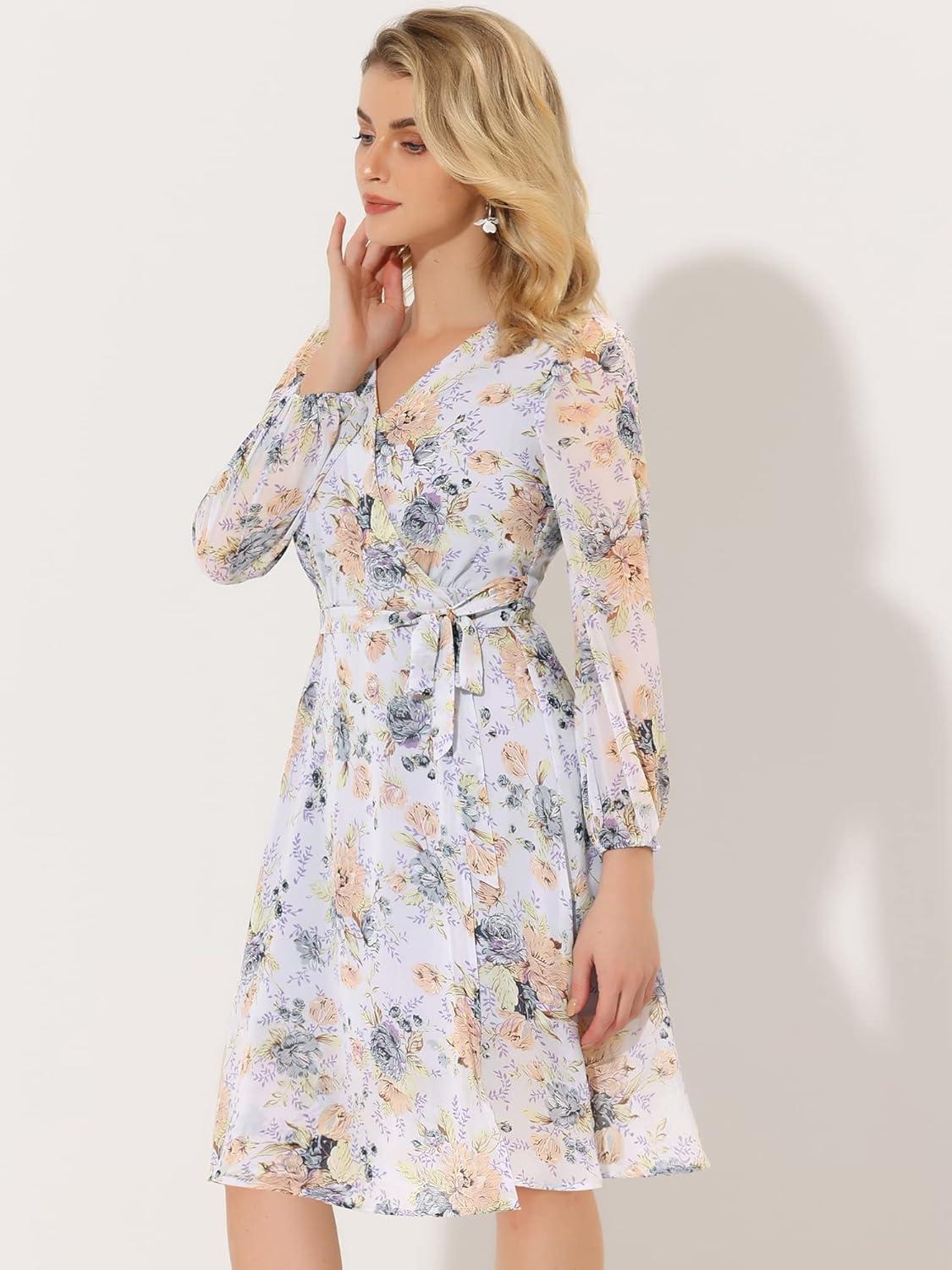 imageAllegra K Womens Chiffon Floral Sexy Deep V Neck Tie Waist Bishop Sleeve Casual Wrap Midi DressLight Purple