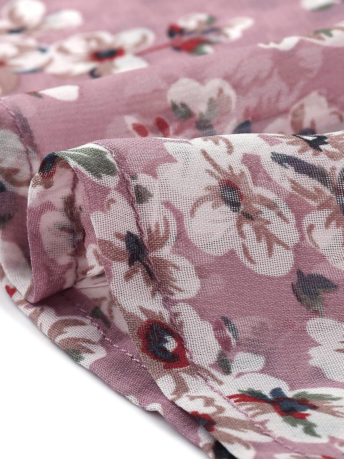 imageAllegra K Womens Chiffon Floral Sexy Deep V Neck Tie Waist Bishop Sleeve Casual Wrap Midi DressPink