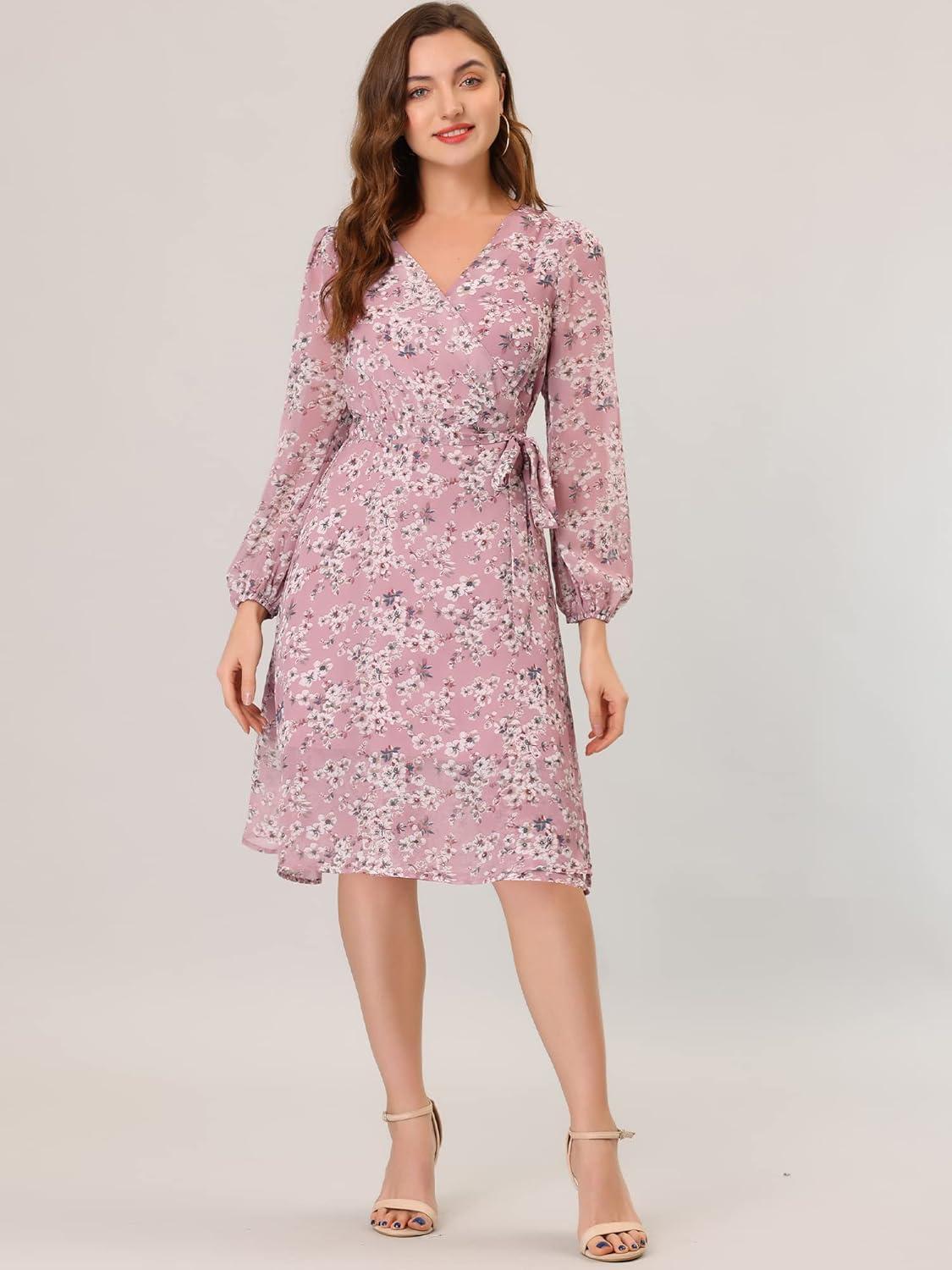 imageAllegra K Womens Chiffon Floral Sexy Deep V Neck Tie Waist Bishop Sleeve Casual Wrap Midi DressPink