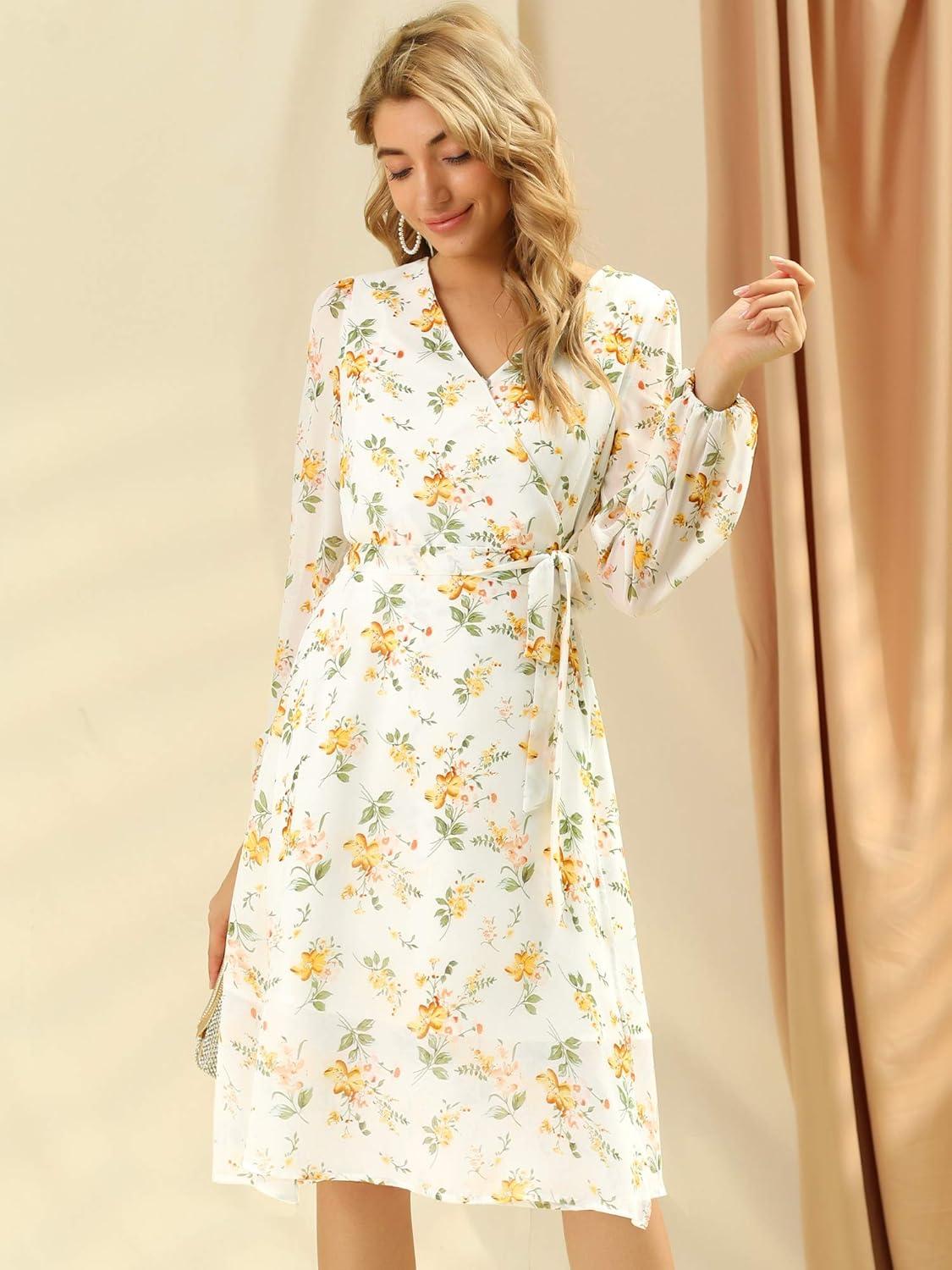 imageAllegra K Womens Chiffon Floral Sexy Deep V Neck Tie Waist Bishop Sleeve Casual Wrap Midi DressWhite
