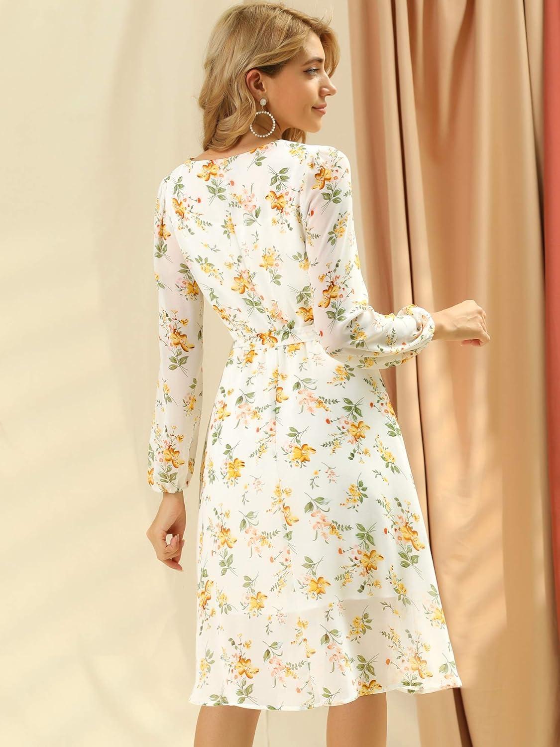 imageAllegra K Womens Chiffon Floral Sexy Deep V Neck Tie Waist Bishop Sleeve Casual Wrap Midi DressWhite