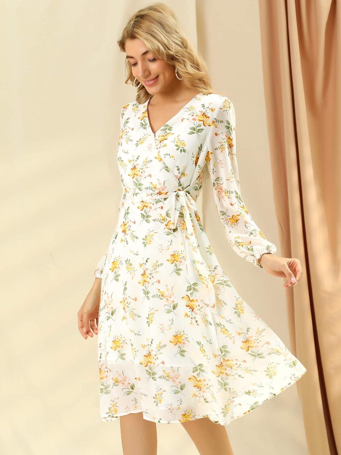 imageAllegra K Womens Chiffon Floral Sexy Deep V Neck Tie Waist Bishop Sleeve Casual Wrap Midi DressWhite