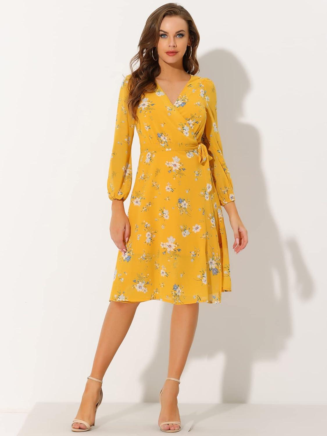imageAllegra K Womens Chiffon Floral Sexy Deep V Neck Tie Waist Bishop Sleeve Casual Wrap Midi DressYellow