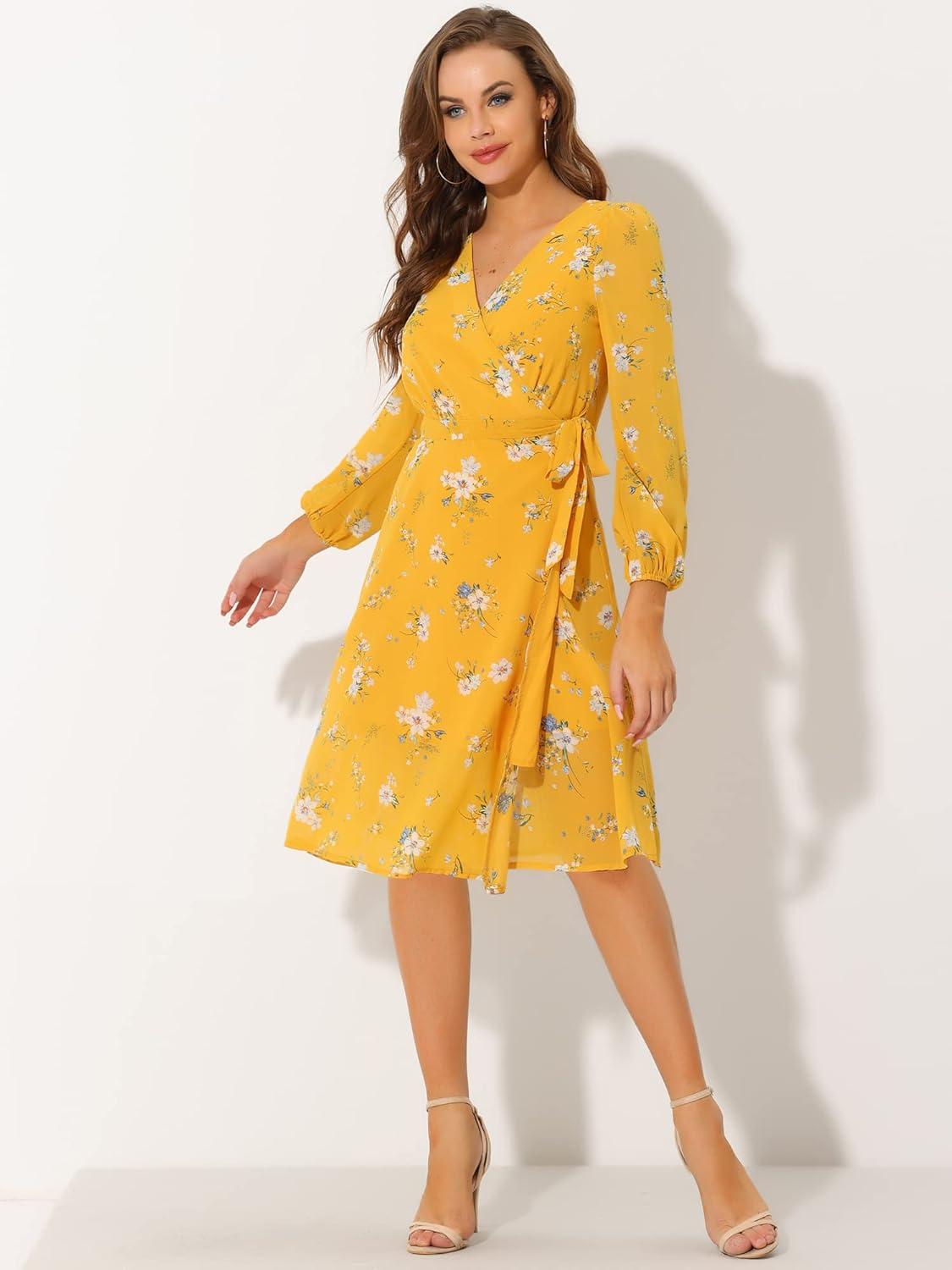 imageAllegra K Womens Chiffon Floral Sexy Deep V Neck Tie Waist Bishop Sleeve Casual Wrap Midi DressYellow