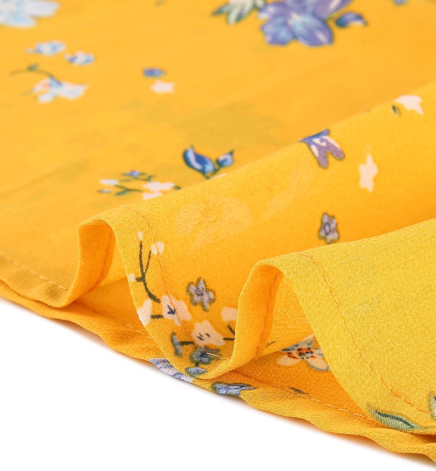 imageAllegra K Womens Chiffon Floral Sexy Deep V Neck Tie Waist Bishop Sleeve Casual Wrap Midi DressYellow