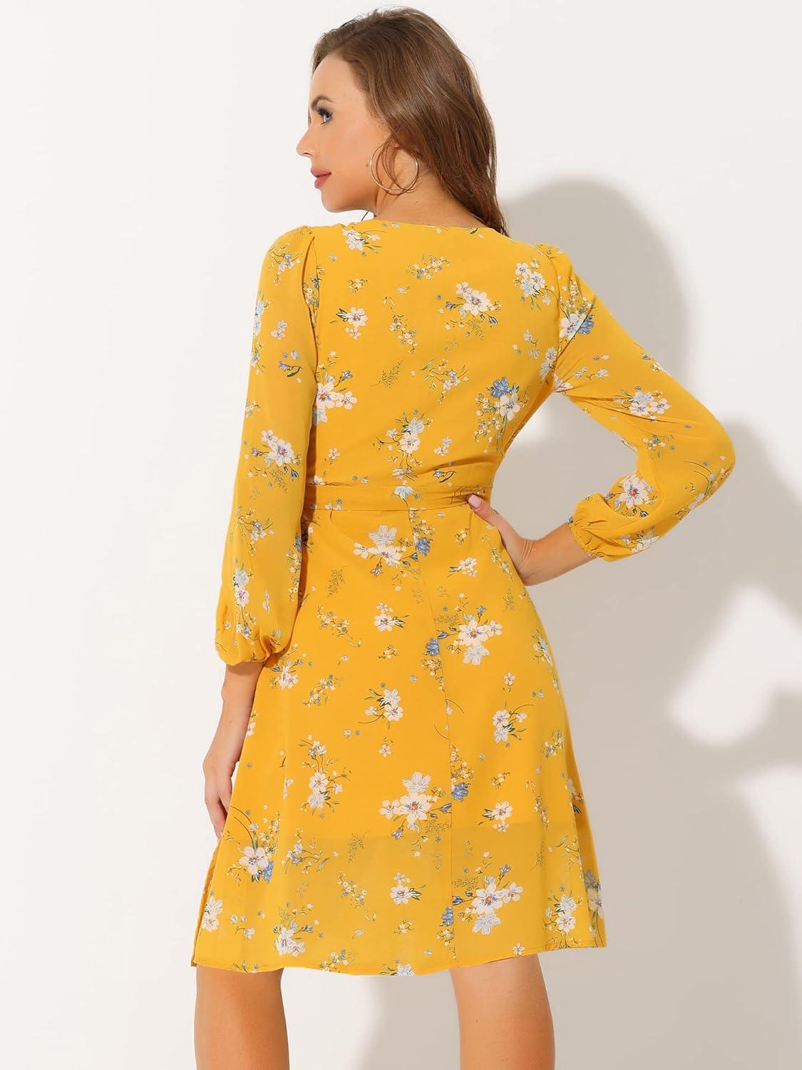 imageAllegra K Womens Chiffon Floral Sexy Deep V Neck Tie Waist Bishop Sleeve Casual Wrap Midi DressYellow