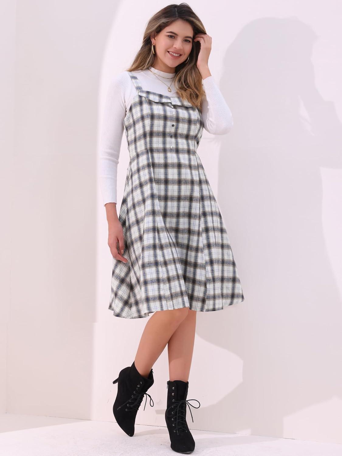 imageAllegra K Womens Christmas Plaid Dress Vintage Sleeveless Tie Waist ALine Pinafore Overall DressesBeige