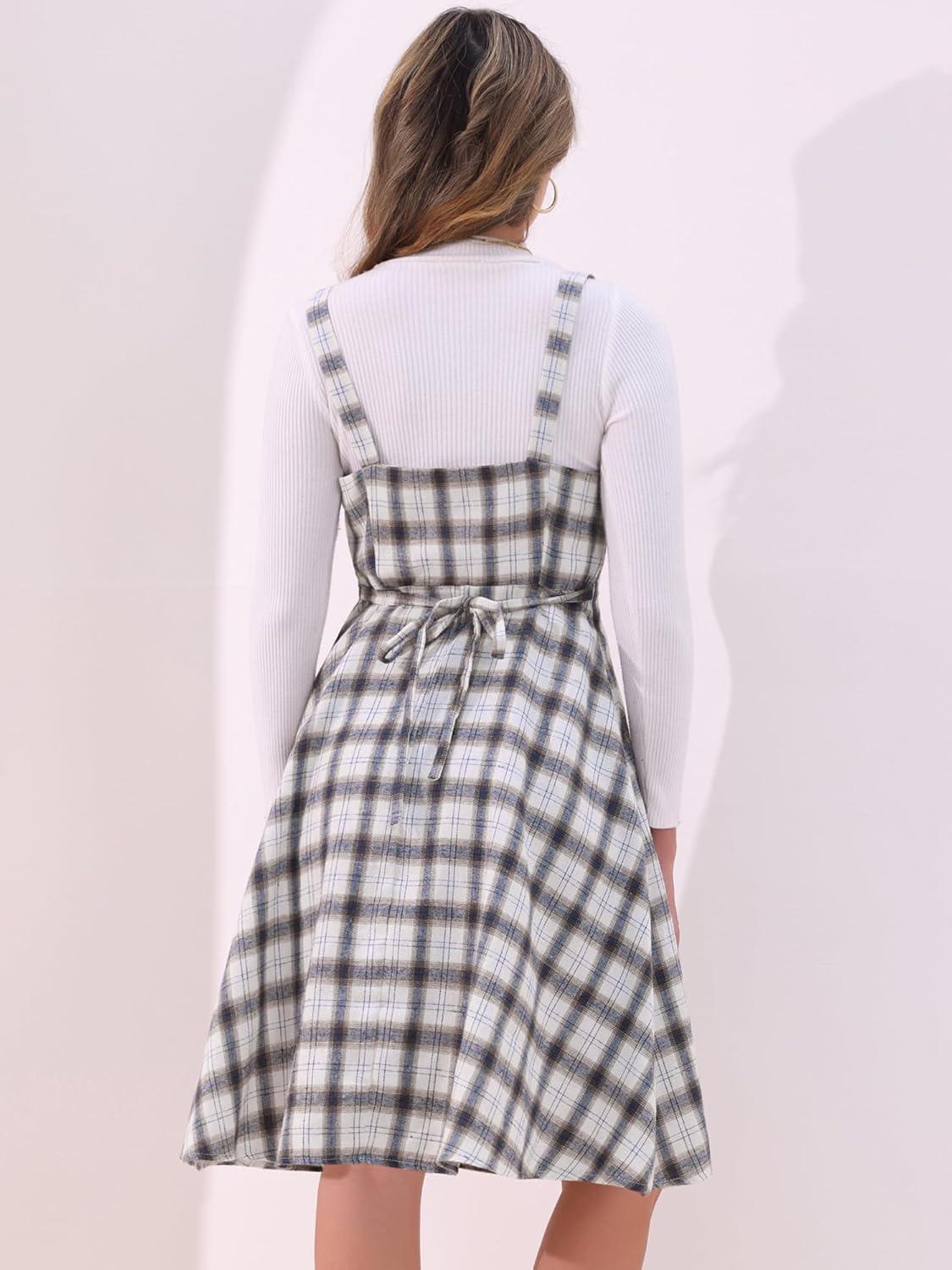 imageAllegra K Womens Christmas Plaid Dress Vintage Sleeveless Tie Waist ALine Pinafore Overall DressesBeige