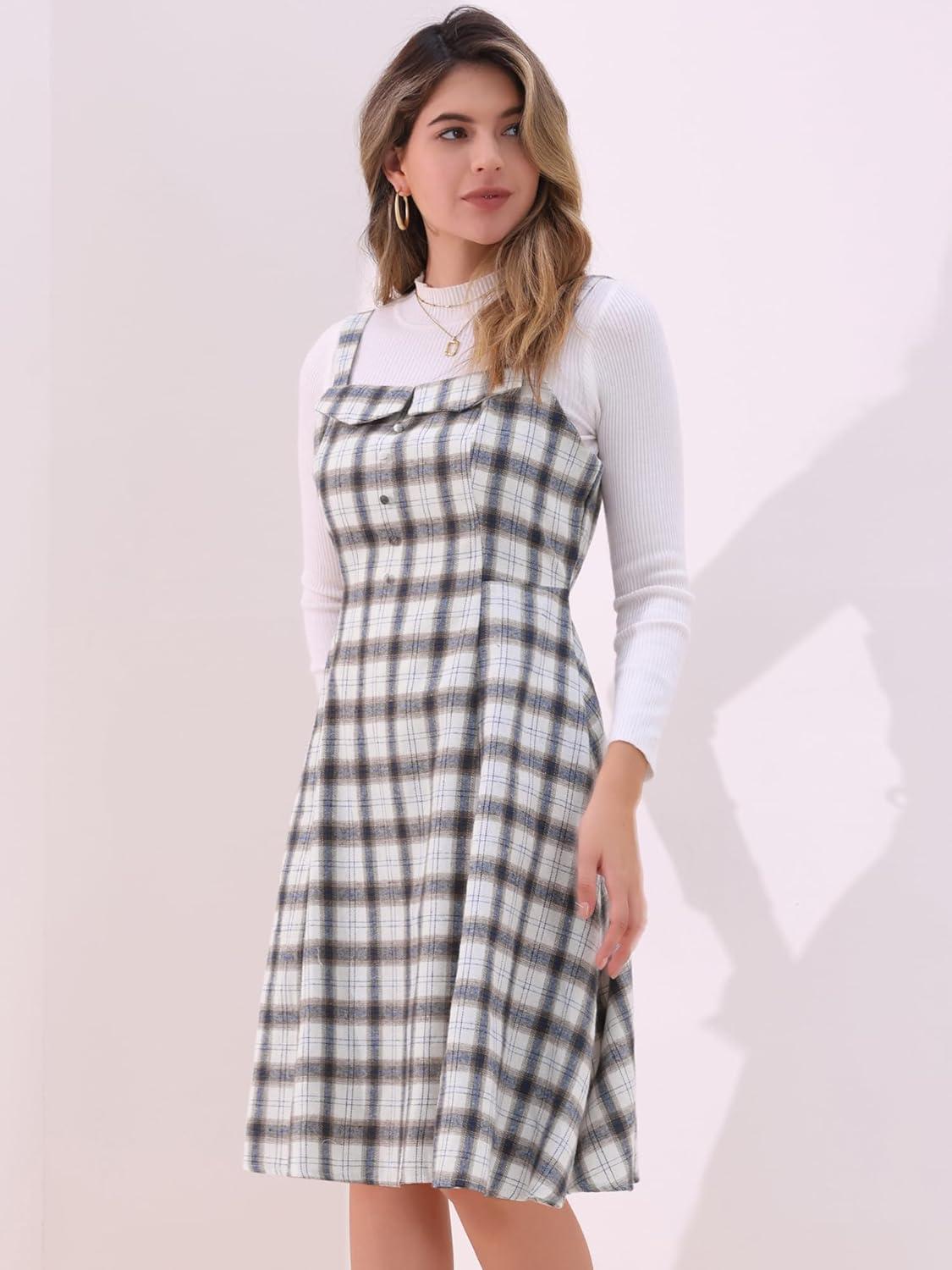 imageAllegra K Womens Christmas Plaid Dress Vintage Sleeveless Tie Waist ALine Pinafore Overall DressesBeige