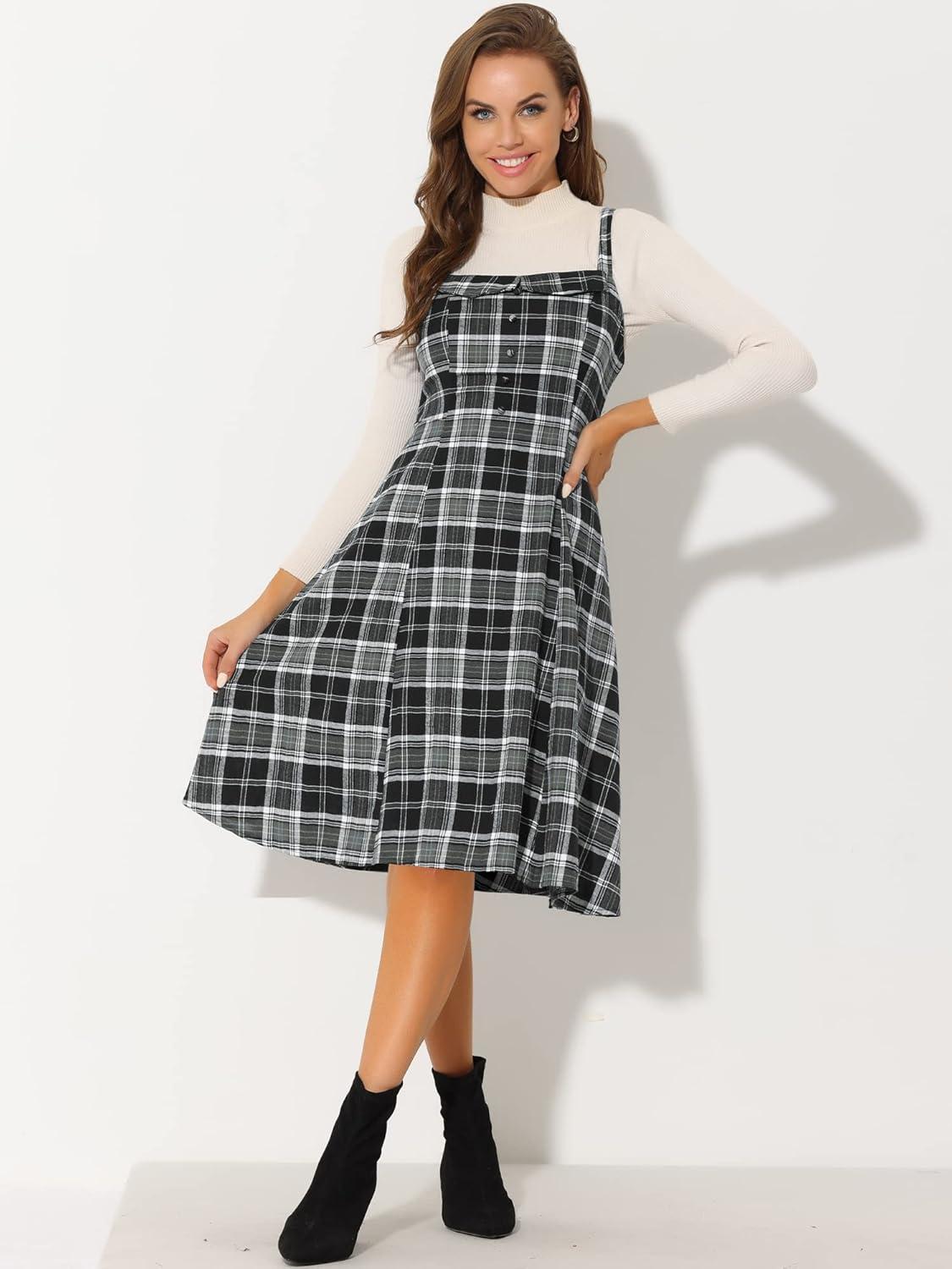 imageAllegra K Womens Christmas Plaid Dress Vintage Sleeveless Tie Waist ALine Pinafore Overall DressesBlack