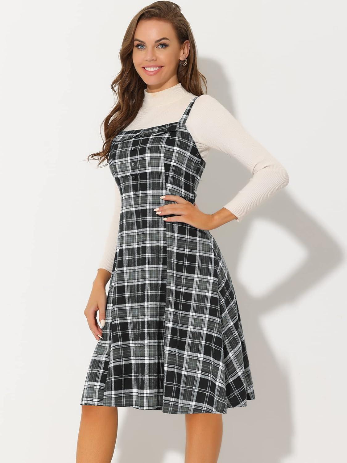 imageAllegra K Womens Christmas Plaid Dress Vintage Sleeveless Tie Waist ALine Pinafore Overall DressesBlack
