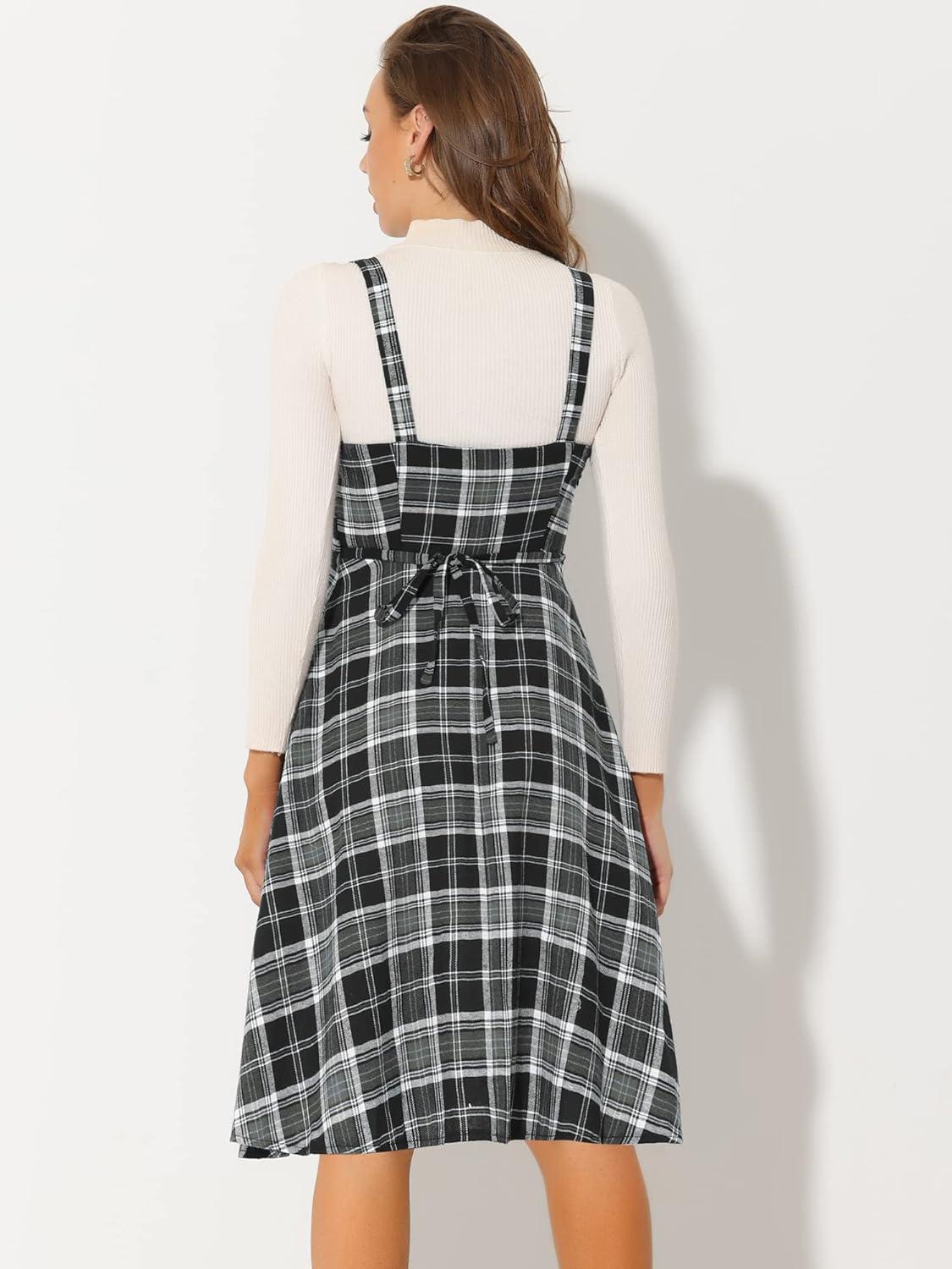 imageAllegra K Womens Christmas Plaid Dress Vintage Sleeveless Tie Waist ALine Pinafore Overall DressesBlack