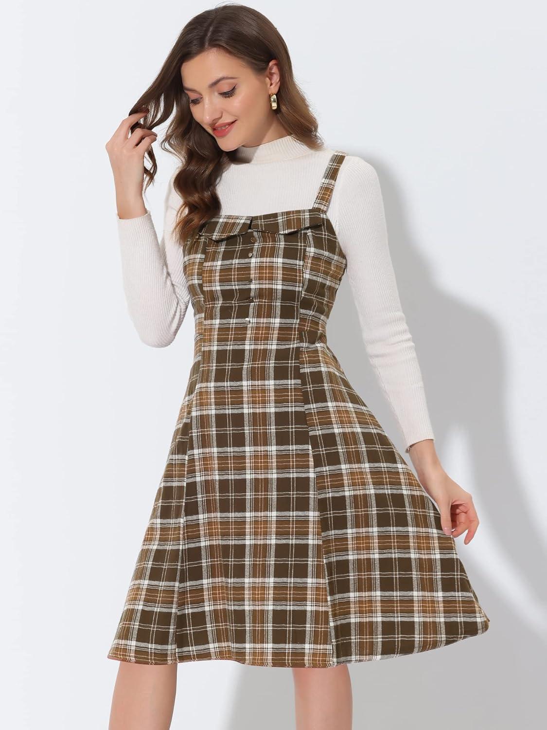 imageAllegra K Womens Christmas Plaid Dress Vintage Sleeveless Tie Waist ALine Pinafore Overall DressesBrown