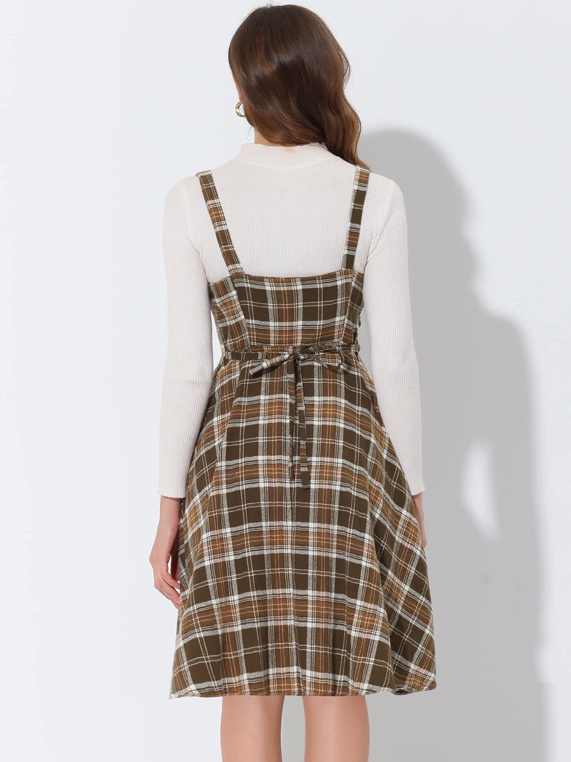 imageAllegra K Womens Christmas Plaid Dress Vintage Sleeveless Tie Waist ALine Pinafore Overall DressesBrown