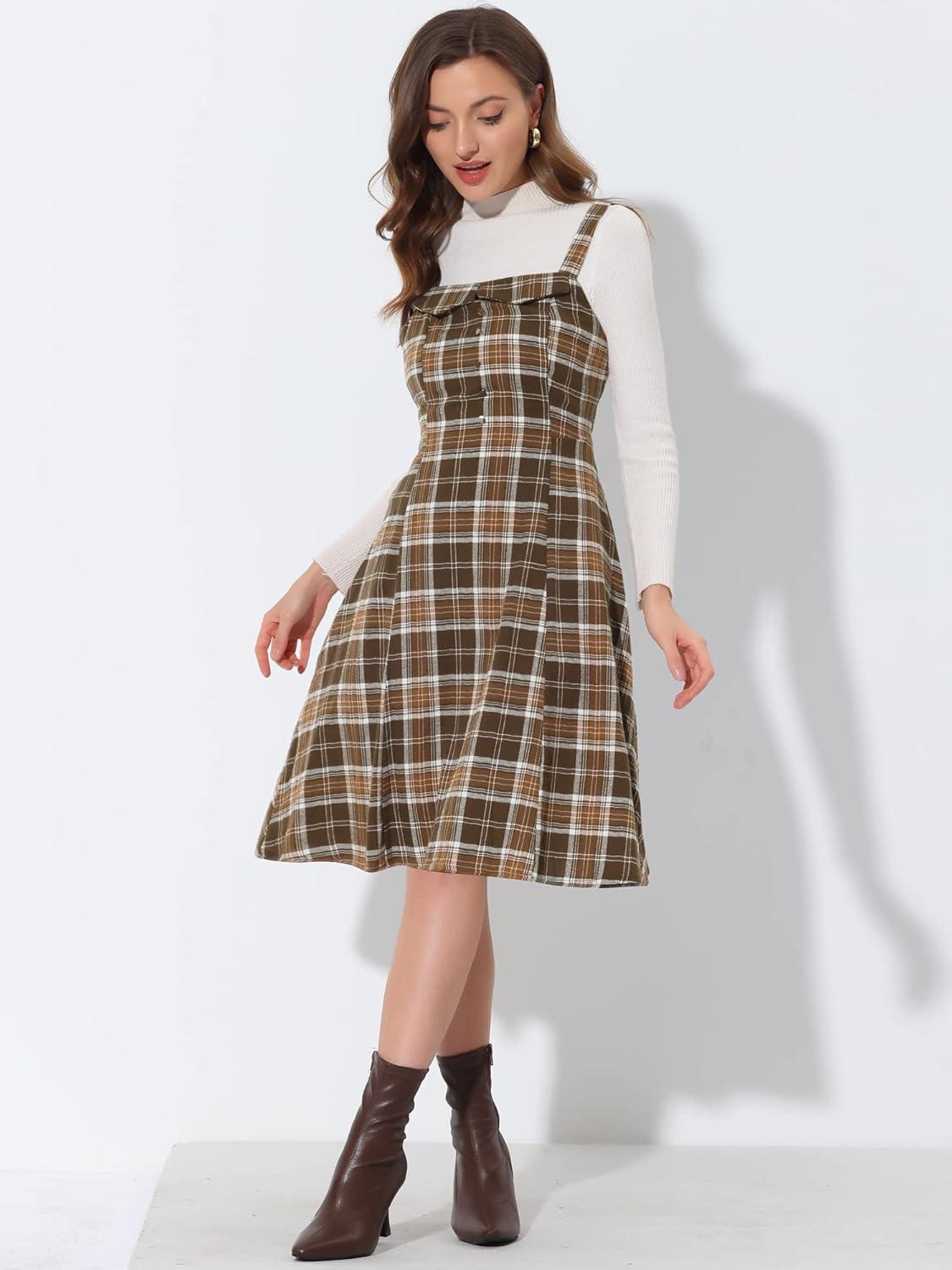 imageAllegra K Womens Christmas Plaid Dress Vintage Sleeveless Tie Waist ALine Pinafore Overall DressesBrown