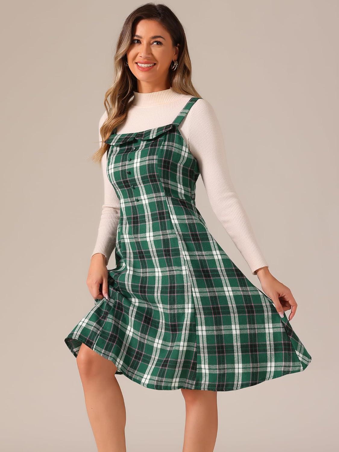 imageAllegra K Womens Christmas Plaid Dress Vintage Sleeveless Tie Waist ALine Pinafore Overall DressesDark Green