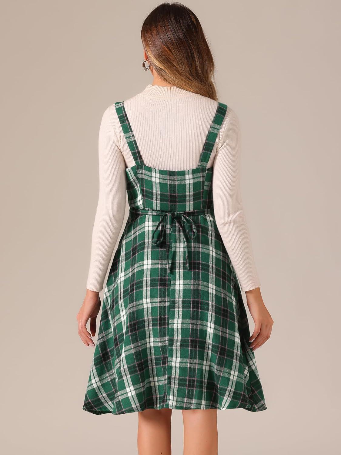 imageAllegra K Womens Christmas Plaid Dress Vintage Sleeveless Tie Waist ALine Pinafore Overall DressesDark Green