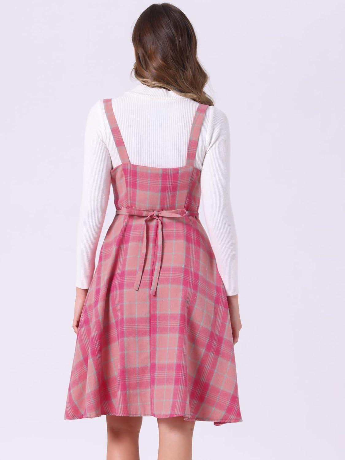 imageAllegra K Womens Christmas Plaid Dress Vintage Sleeveless Tie Waist ALine Pinafore Overall DressesDark Pink