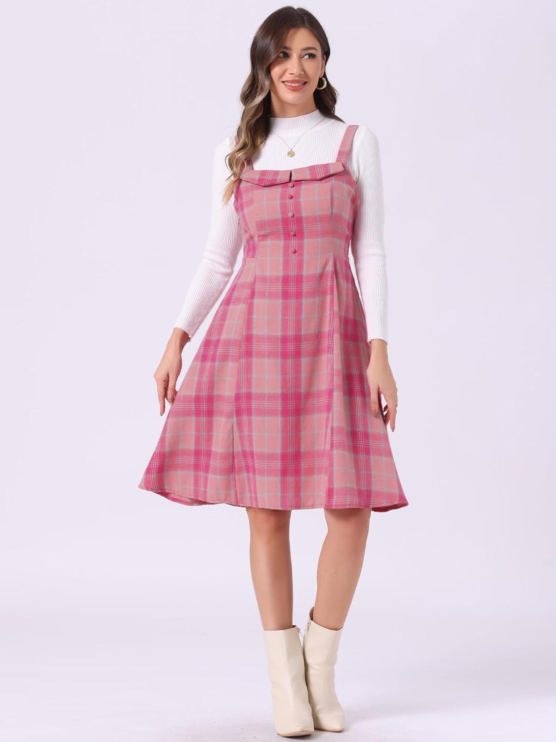 imageAllegra K Womens Christmas Plaid Dress Vintage Sleeveless Tie Waist ALine Pinafore Overall DressesDark Pink