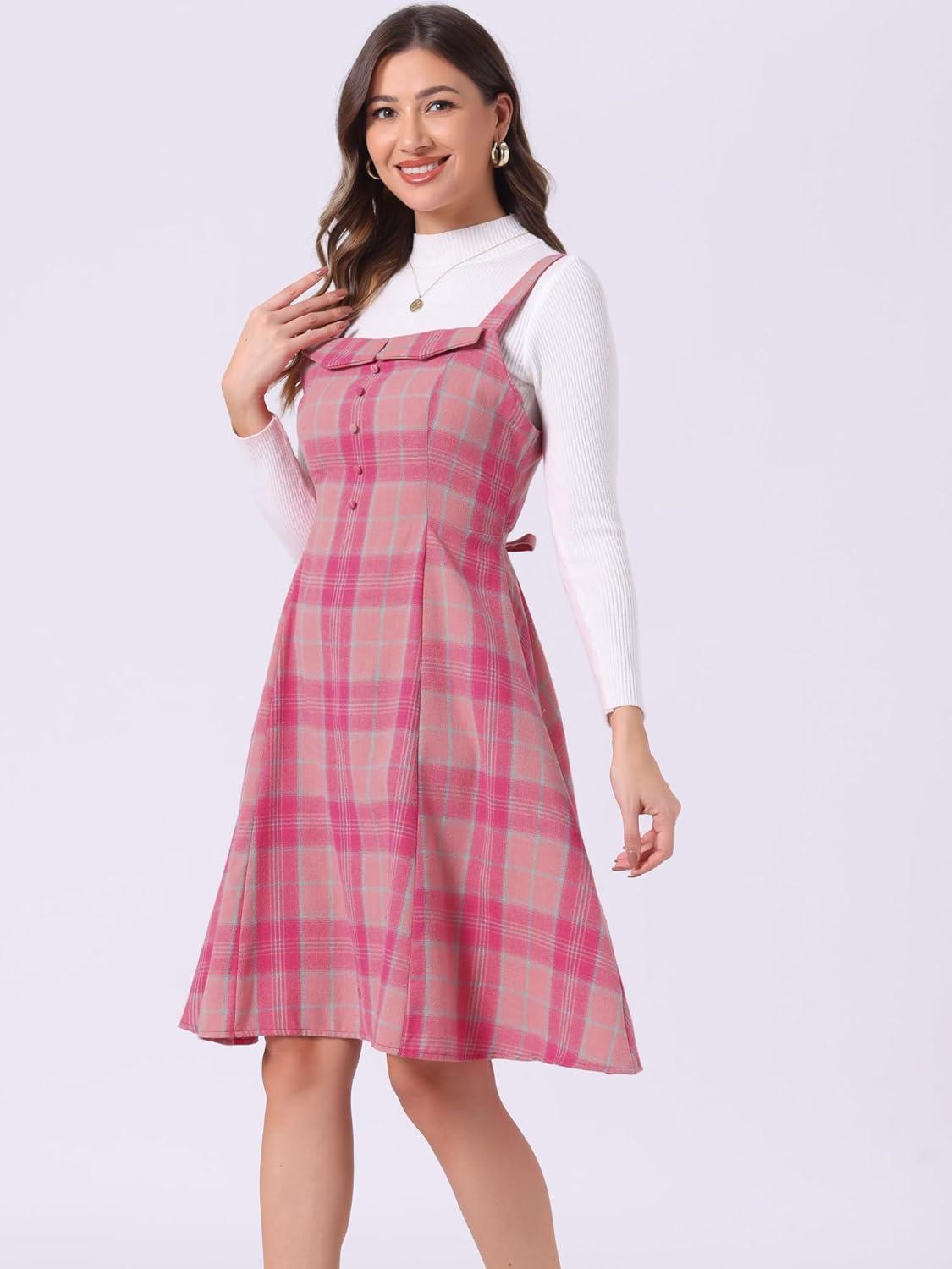 imageAllegra K Womens Christmas Plaid Dress Vintage Sleeveless Tie Waist ALine Pinafore Overall DressesDark Pink