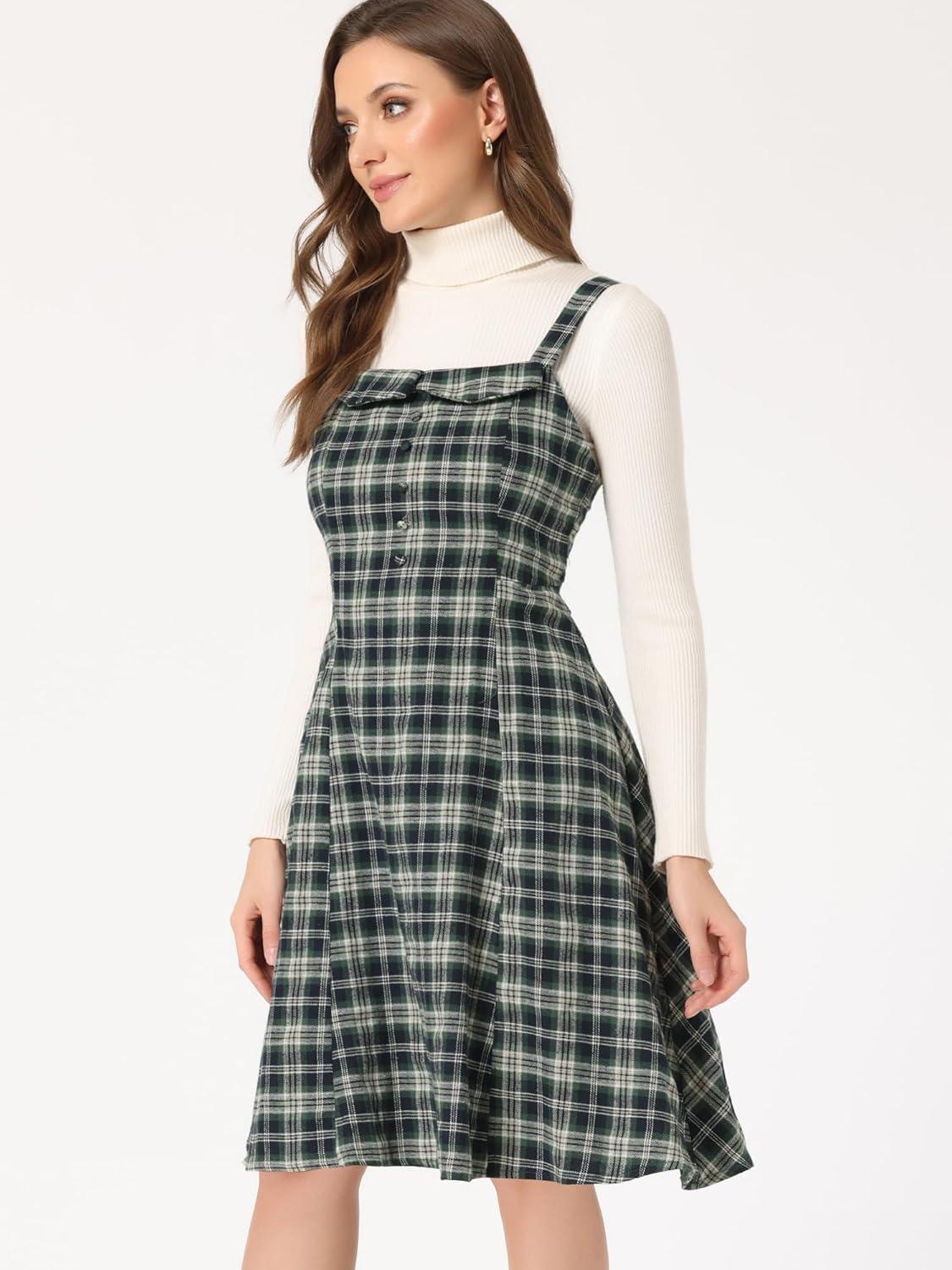 imageAllegra K Womens Christmas Plaid Dress Vintage Sleeveless Tie Waist ALine Pinafore Overall DressesGreen
