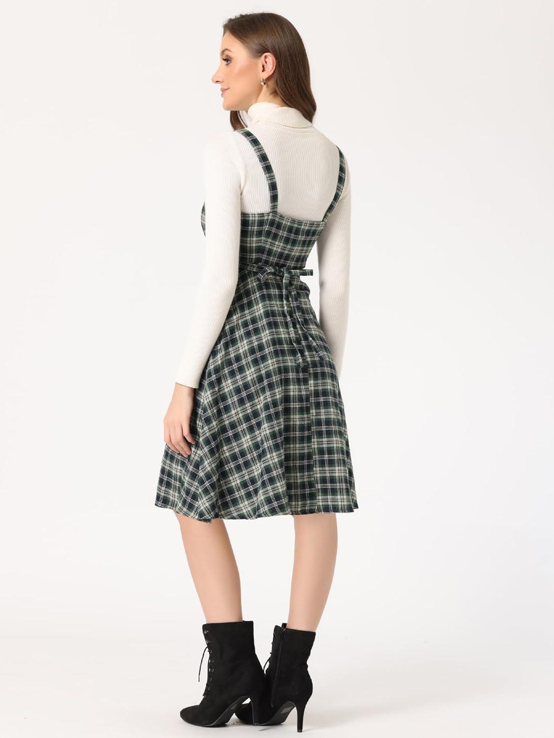 imageAllegra K Womens Christmas Plaid Dress Vintage Sleeveless Tie Waist ALine Pinafore Overall DressesGreen