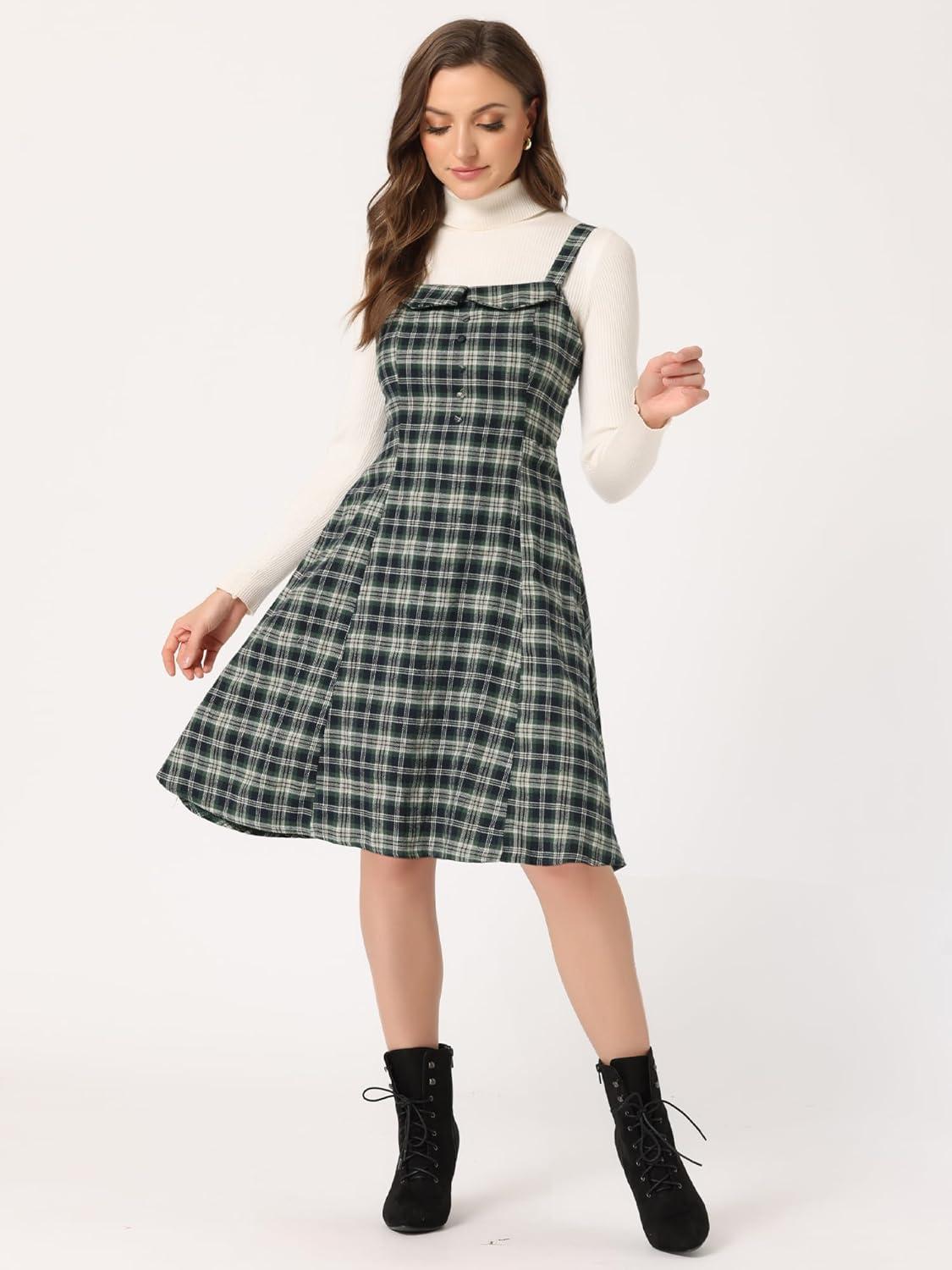 imageAllegra K Womens Christmas Plaid Dress Vintage Sleeveless Tie Waist ALine Pinafore Overall DressesGreen