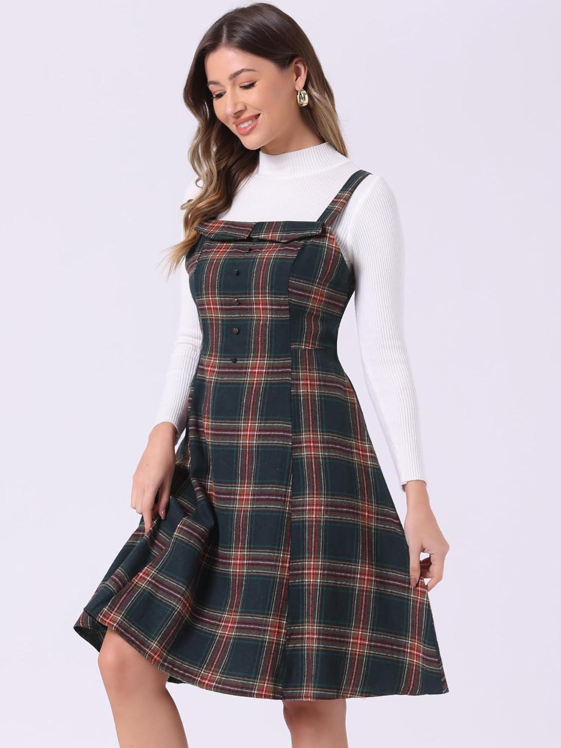 imageAllegra K Womens Christmas Plaid Dress Vintage Sleeveless Tie Waist ALine Pinafore Overall DressesNavy Blue Green